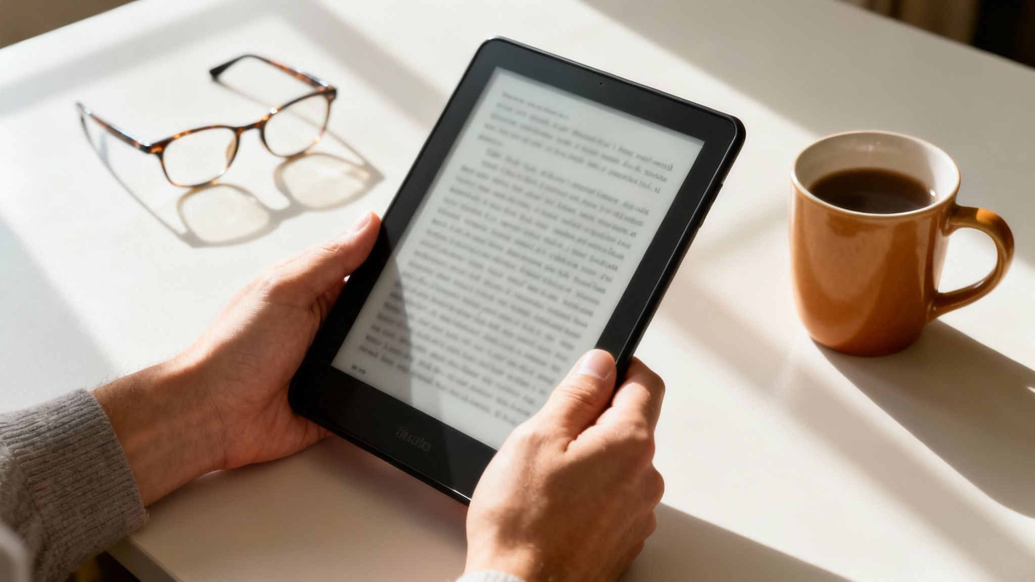 Osoba trzymająca czytnik e-booków z tekstem na ekranie. Obok leżą okulary i kubek kawy, wszystko oświetlone słońcem.