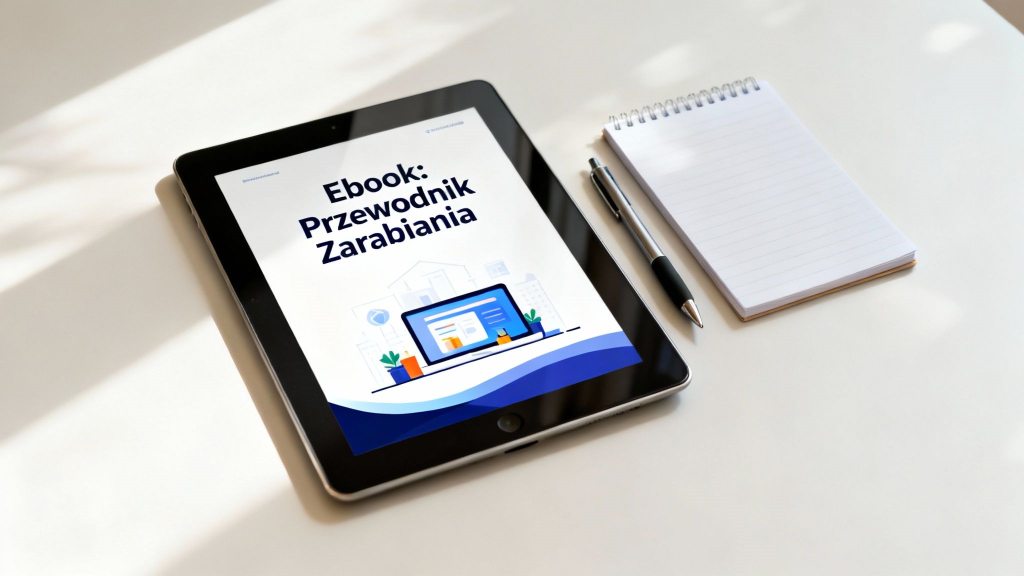 Tablet z wyświetlonym ebookiem 'Przewodnik Zarabiania', obok notatnika i długopisu na jasnym stole.
