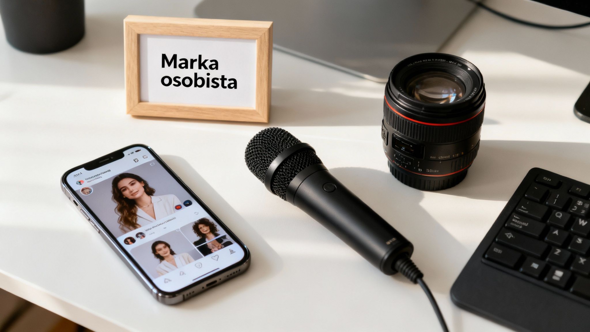 Biurko z telefonem pokazującym profile social media, mikrofonem, obiektywem aparatu i ramką z napisem 'Marka osobista'.