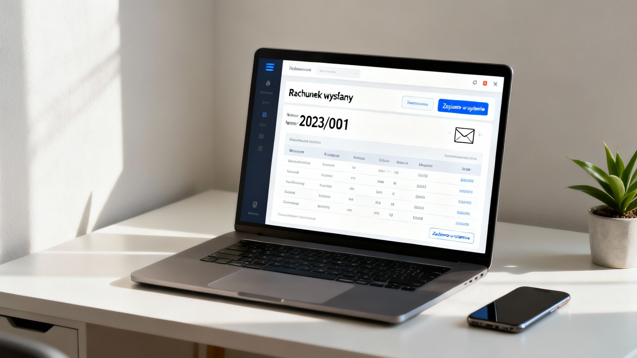 Laptop z otwartym systemem do wystawiania rachunków, wyświetlający numer 2023/001, na białym biurku obok smartfona i rośliny.