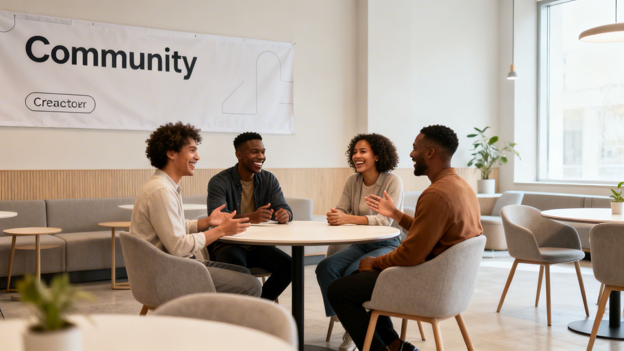Four diverse young professionals laugh and chat around a table in a modern office lounge.