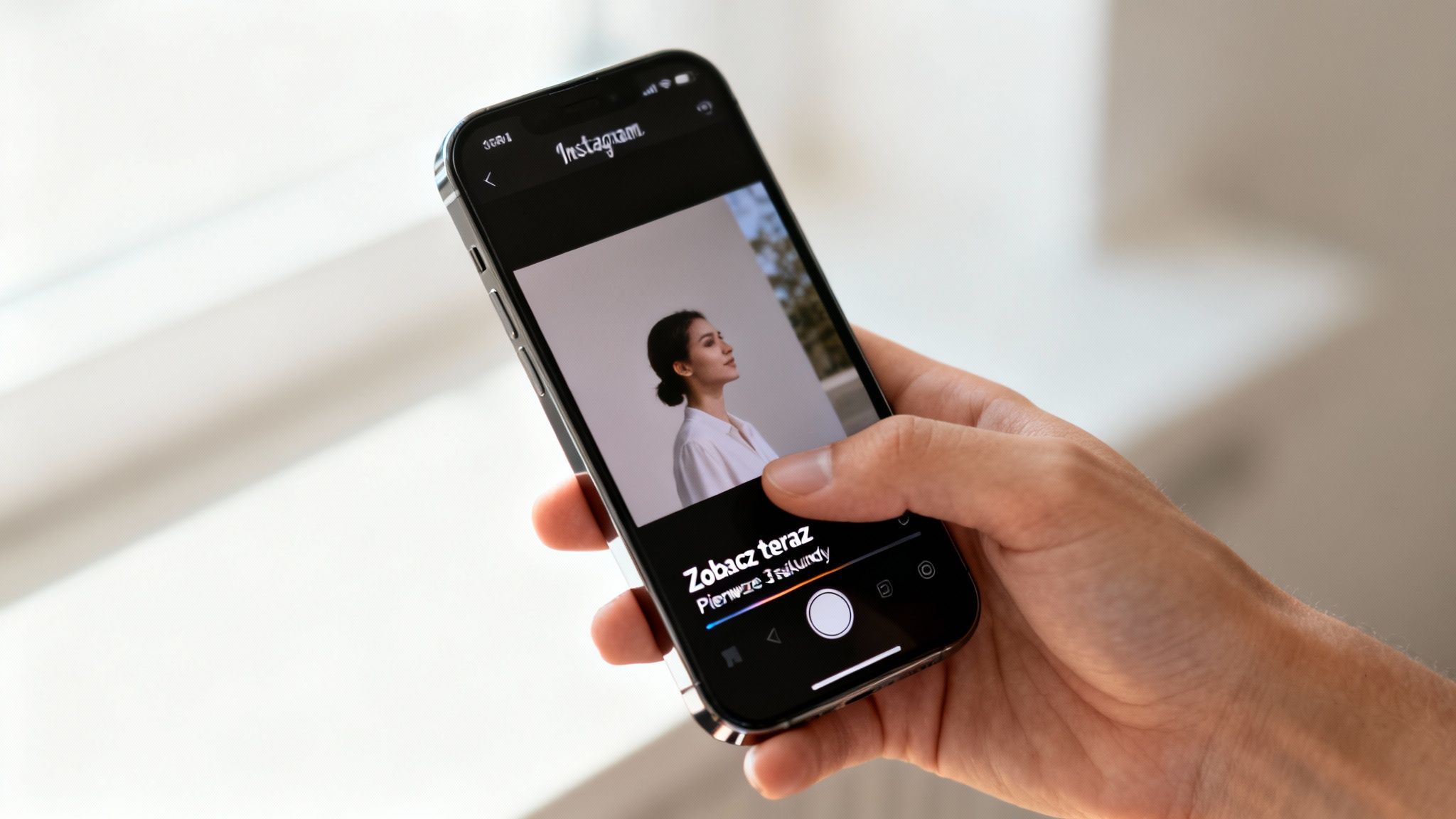 Osoba trzymająca iPhone'a z otwartą aplikacją Instagram, wyświetlającą zdjęcie kobiety i opcję 'Zobacz teraz'.