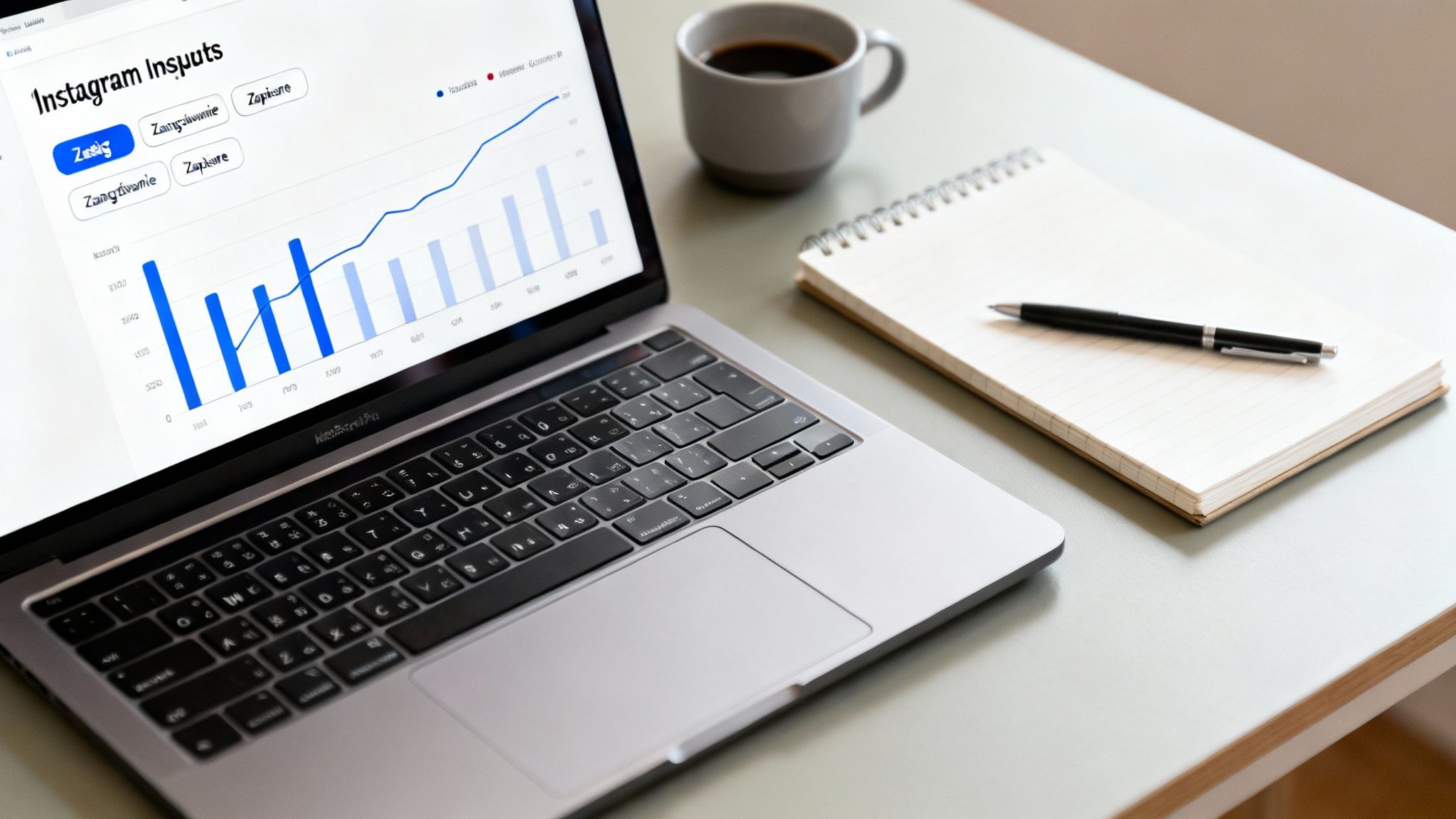 Laptop ze statystykami Instagrama, filiżanka kawy i notatnik z długopisem na jasnym stole.