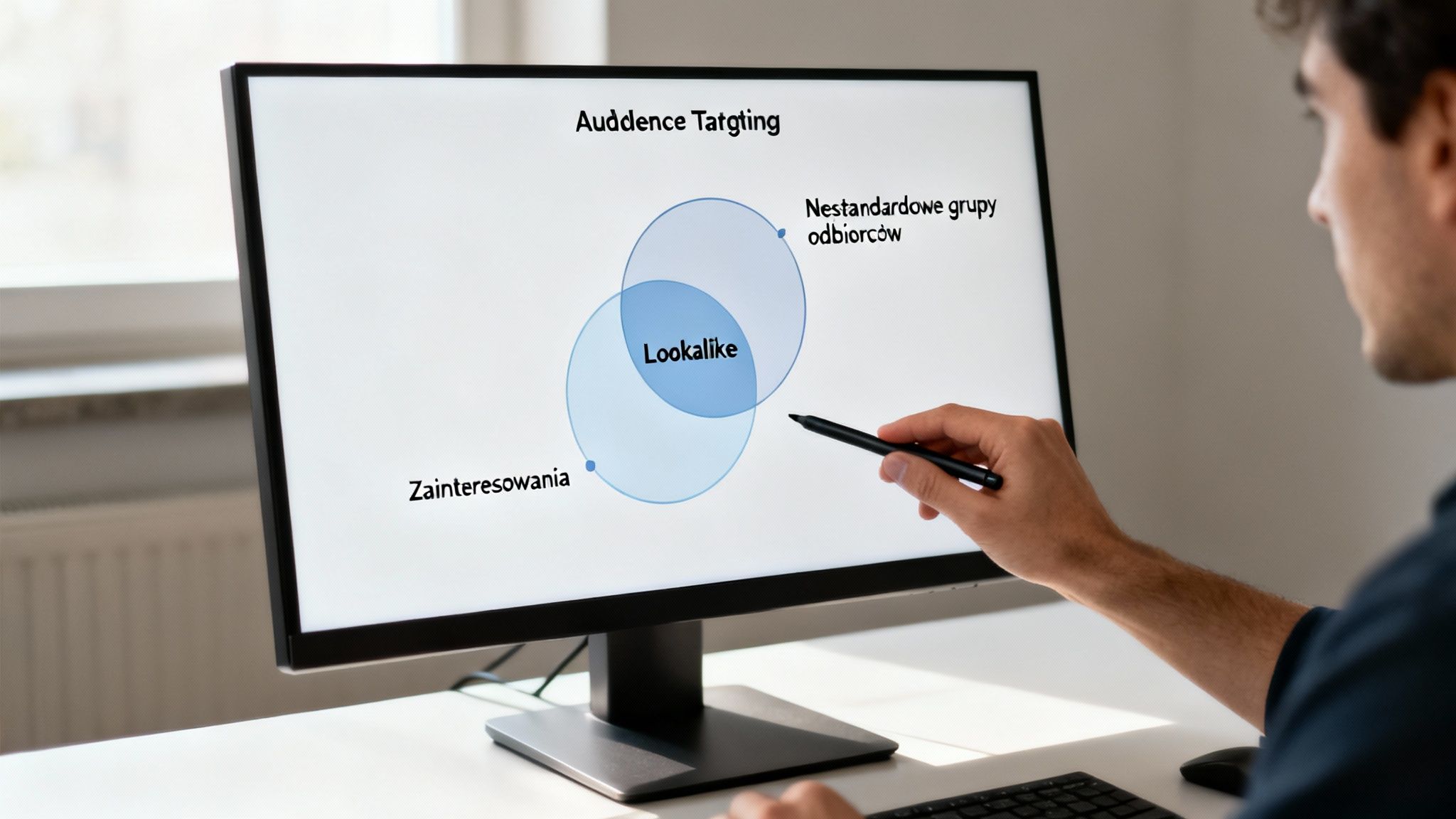Mężczyzna wskazuje na monitor z diagramem Venna przedstawiającym targetowanie odbiorców w reklamie, w tym grupy Lookalike, zainteresowania i niestandomiowe grupy.