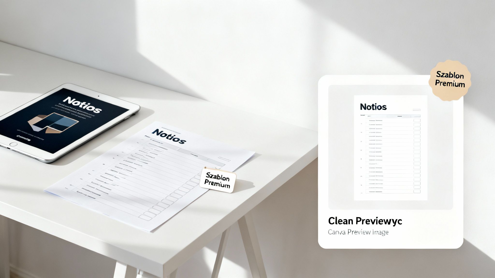 Tablet z aplikacją Notios i dokument papierowy na białym biurku, z etykietą Szablon Premium. Idealne dla organizacji i produktywności.