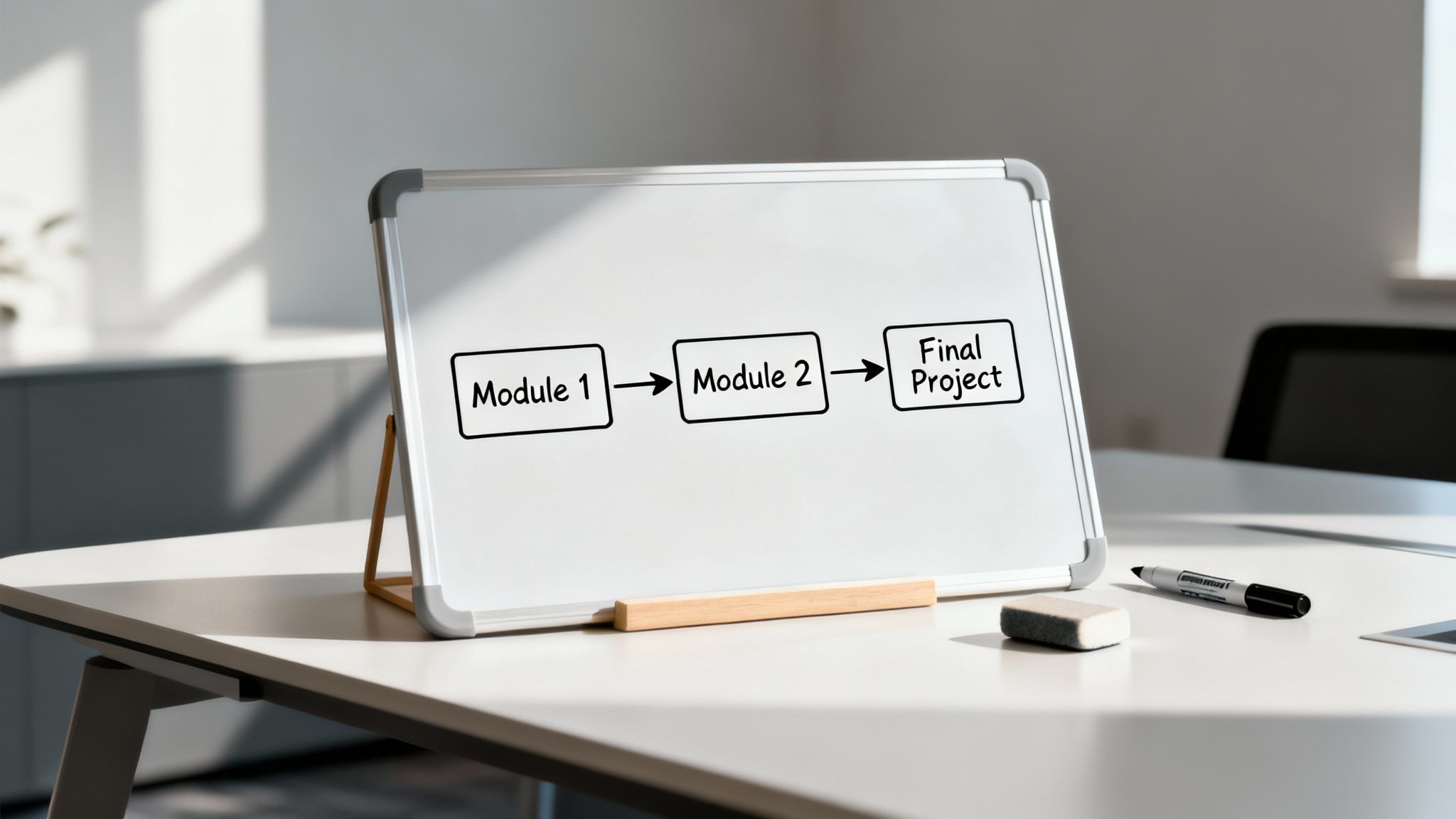 A whiteboard on a desk displays a curriculum roadmap with Module 1, Module 2, and Final Project.