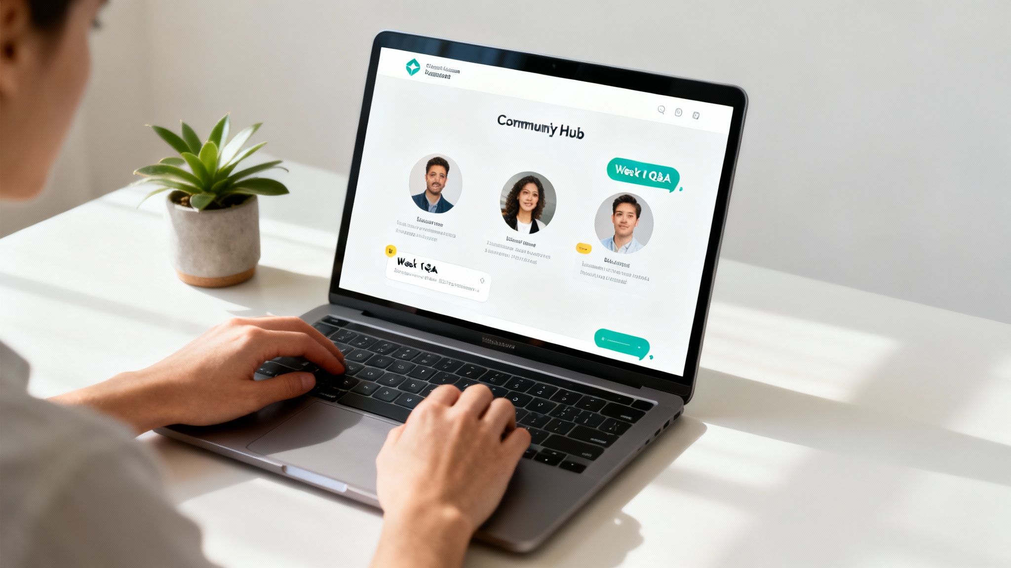 A diverse group of students collaborating and talking in a vibrant, branded online community space.