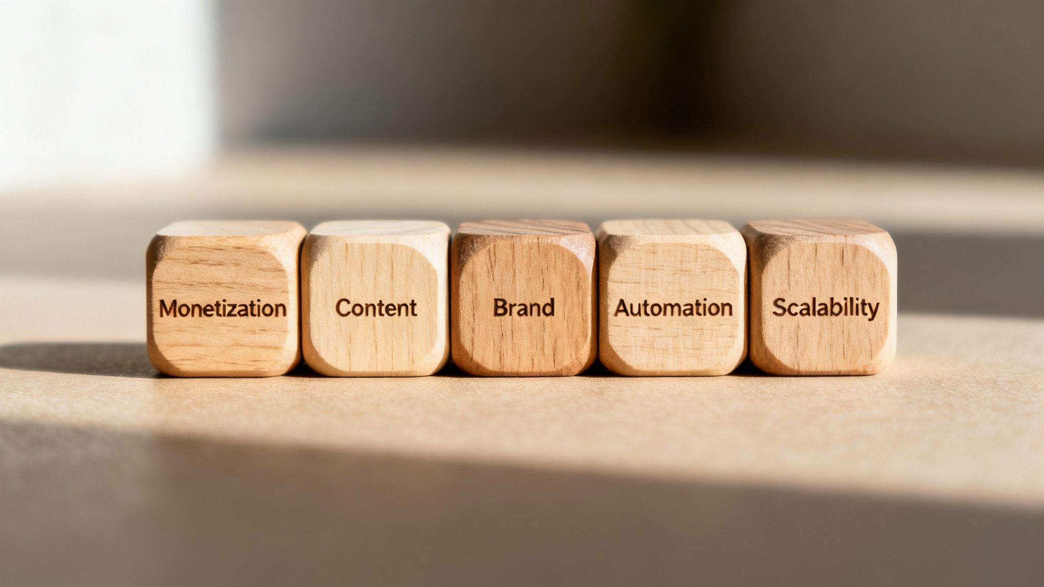 Five wooden blocks with words: Monetization, Content, Brand, Automation, and Scalability, symbolizing business concepts.