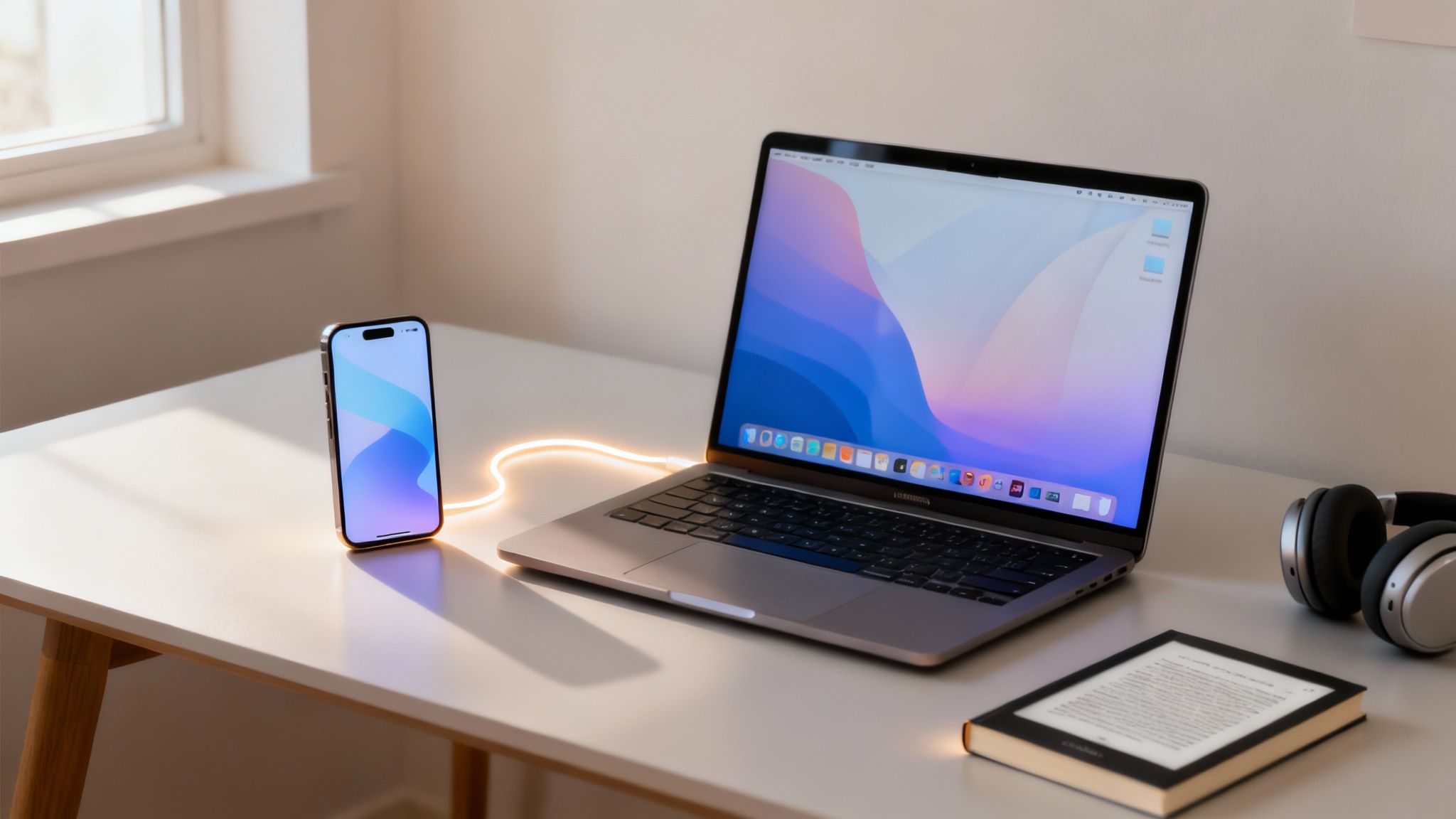 Nowoczesne biurko z laptopem MacBook, telefonem iPhone, słuchawkami i czytnikiem e-booków, połączone świecącym kablem.