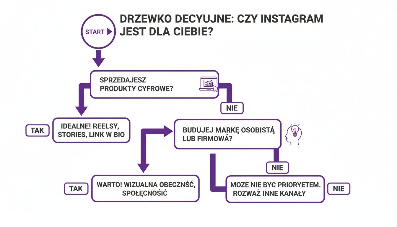 Diagram przepływu Drzewko Decyzyjne: Czy Instagram jest dla Ciebie?, z pytaniami o produkty cyfrowe i budowanie marki.