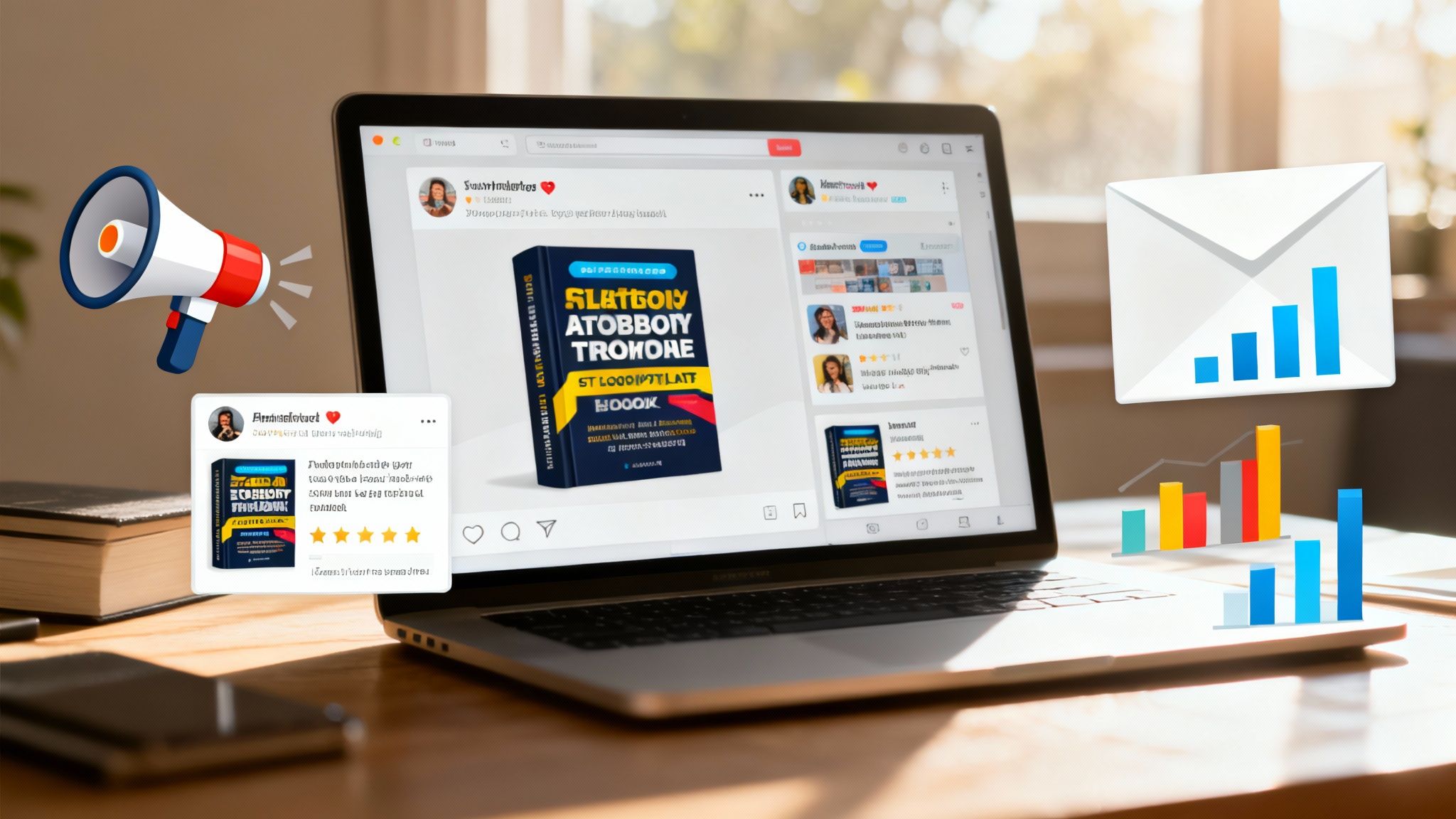 Osoba pracująca przy biurku z laptopem, otoczona ikonami symbolizującymi pytania i odpowiedzi.