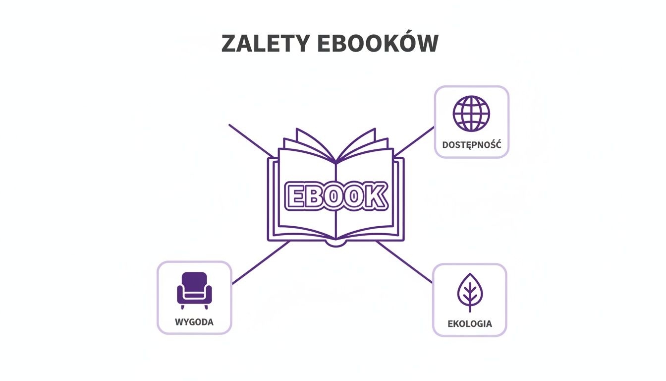Infografika prezentująca zalety ebooków, takie jak dostępność, wygoda i ekologia, z centralnym ikoną książki cyfrowej.