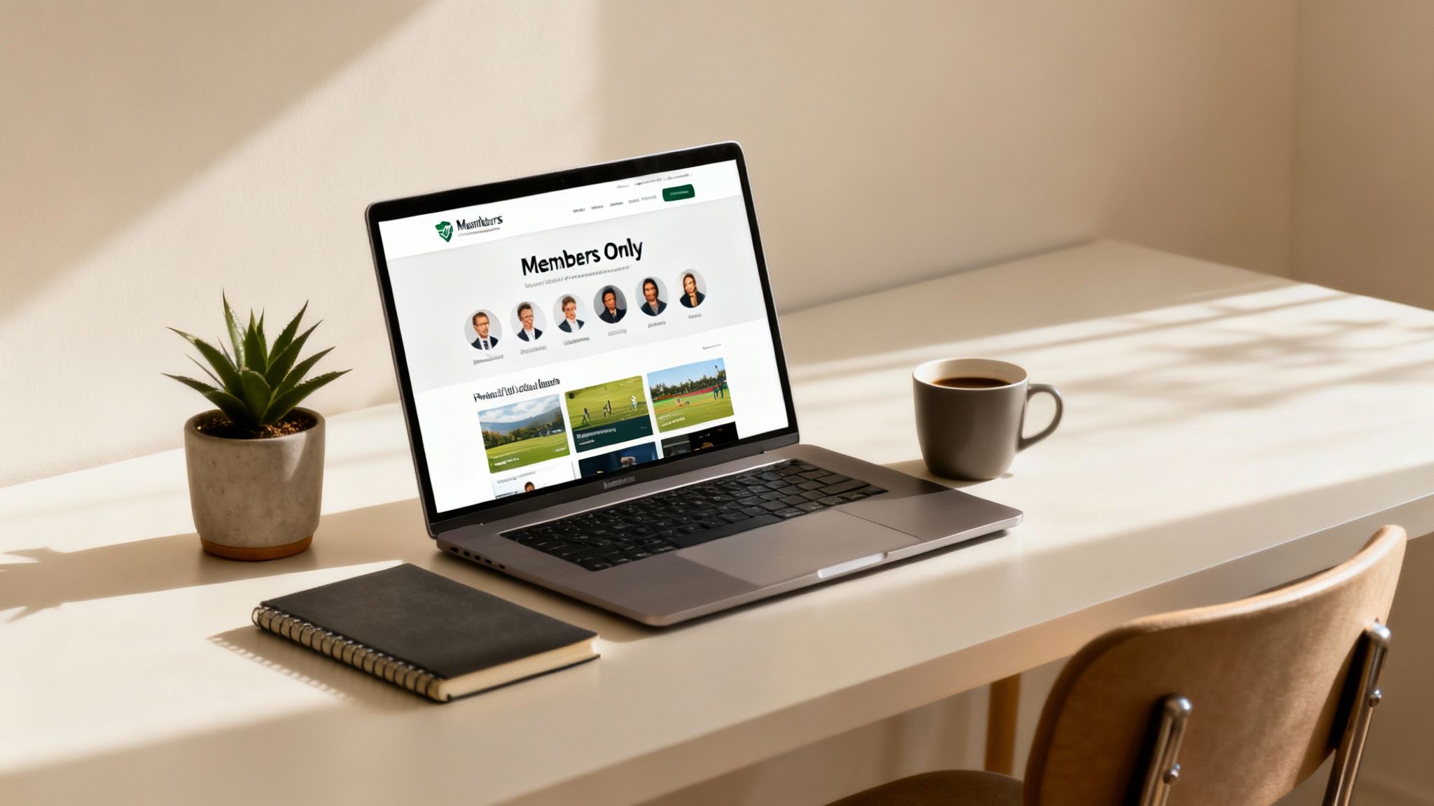 A laptop displaying a 'Members Only' website on a desk with a plant, notebook, and coffee.