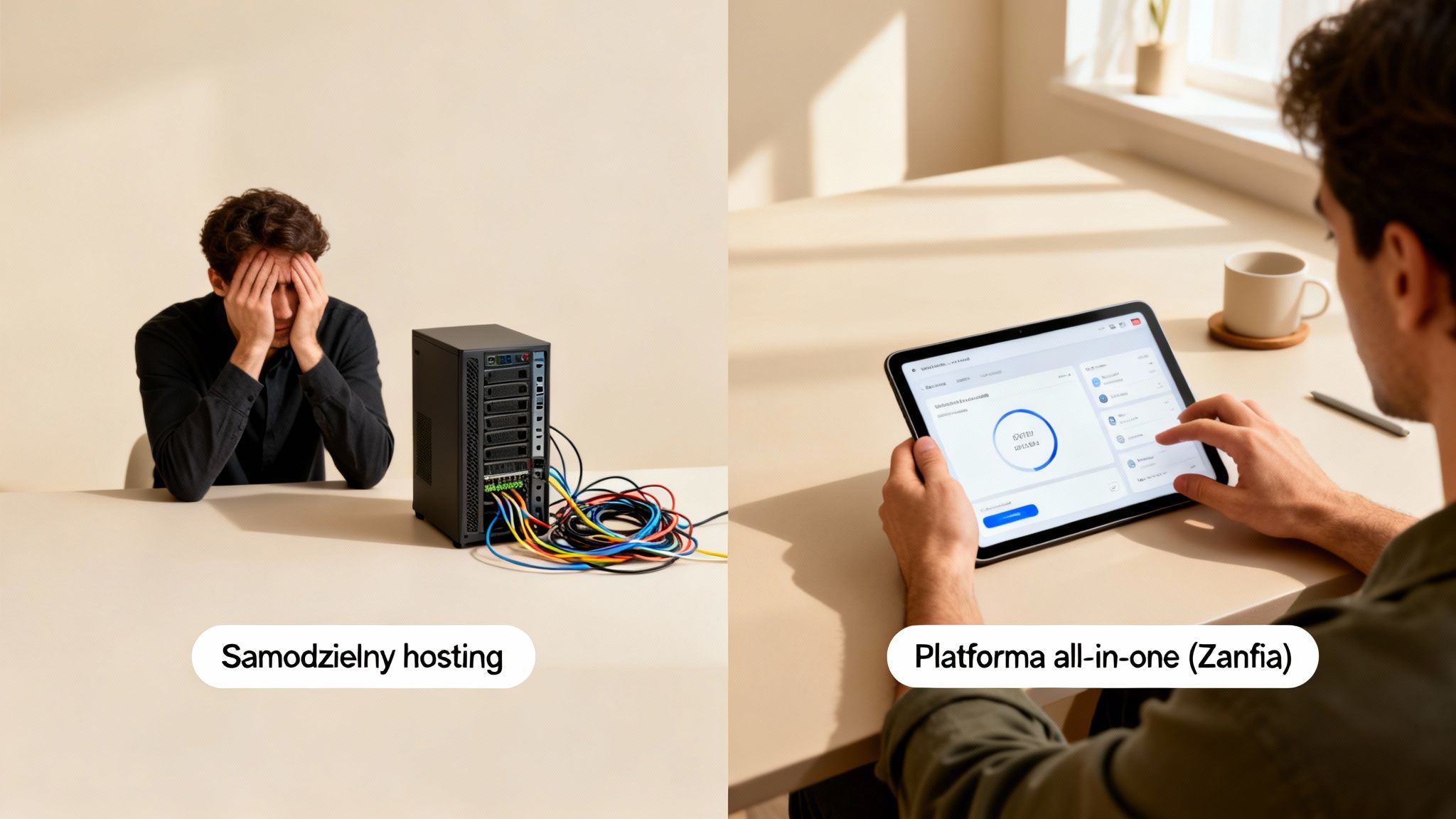 Mężczyzna z zakrytą twarzą obok splątanych kabli serwera kontra osoba korzystająca z tabletu z uporządkowaną platformą hostingową.