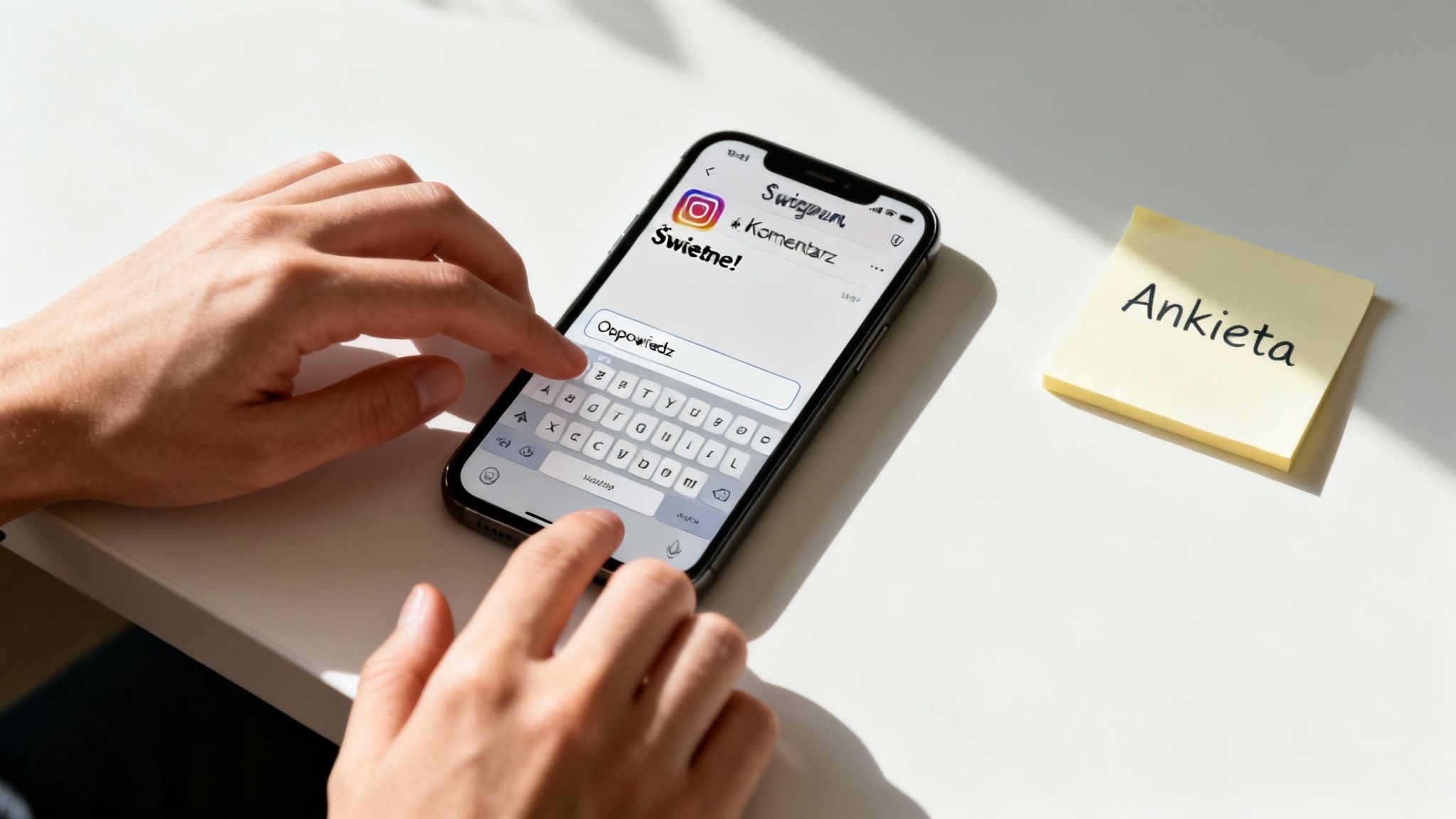 Osoba pisząca na smartfonie z otwartą aplikacją Instagram, obok leży żółta karteczka z napisem Ankieta.