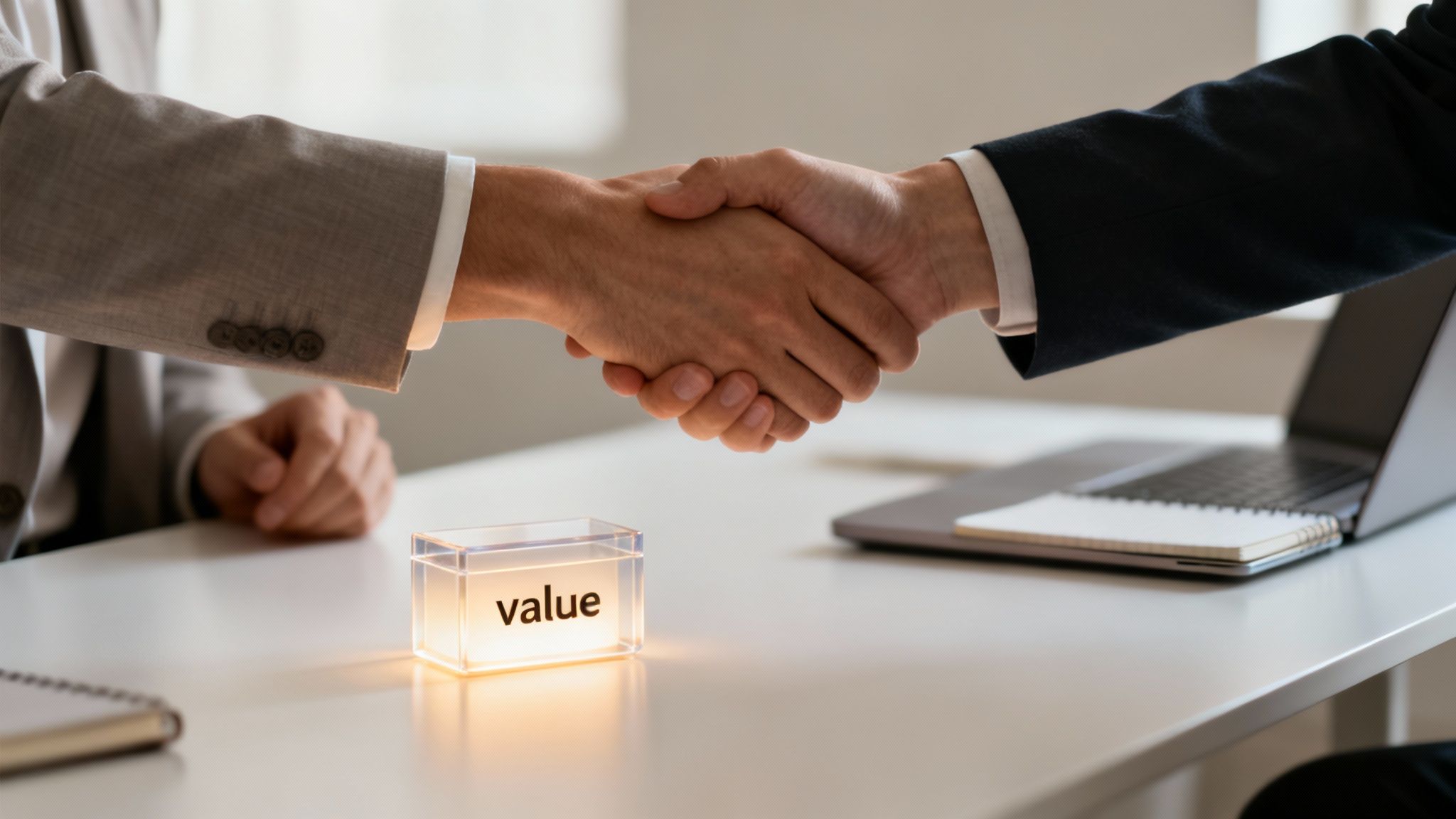 Two businessmen in suits shaking hands across a table with a glowing 'value' box, laptop, and notebooks.