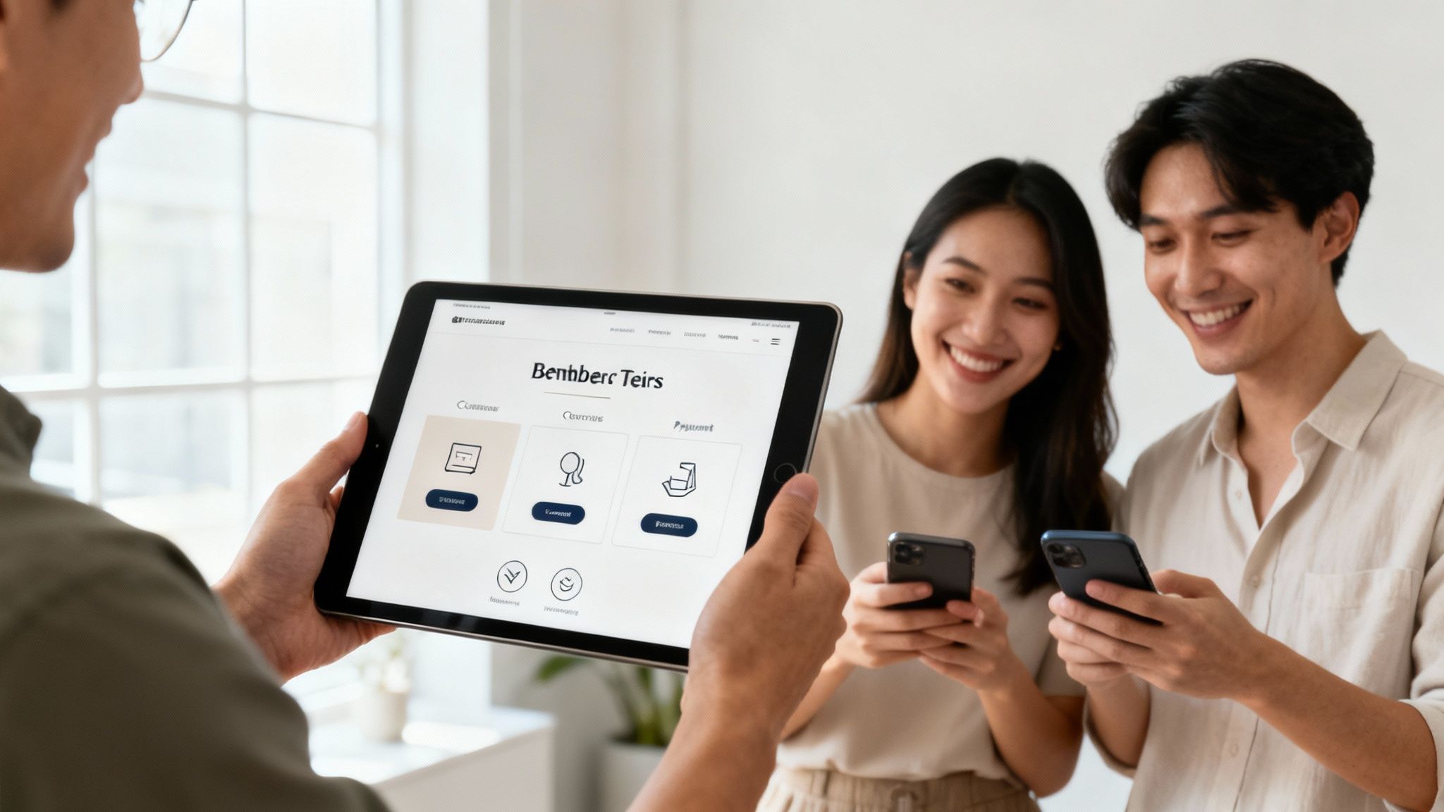 Three young Asian people, two smiling and holding phones, one showing a tablet with a website.
