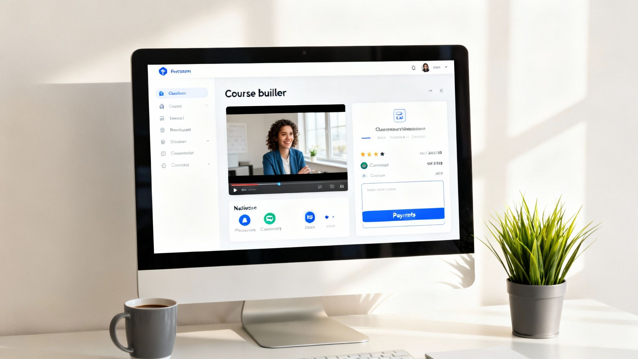 A computer monitor displays an online course builder platform with a video of a woman, course details, and navigation.
