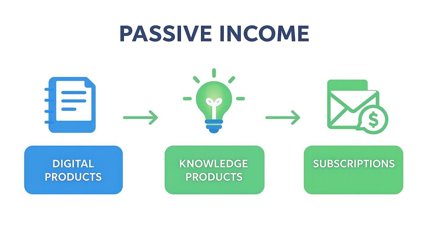 Passive income flow chart showing digital products, knowledge products, and subscriptions with icons