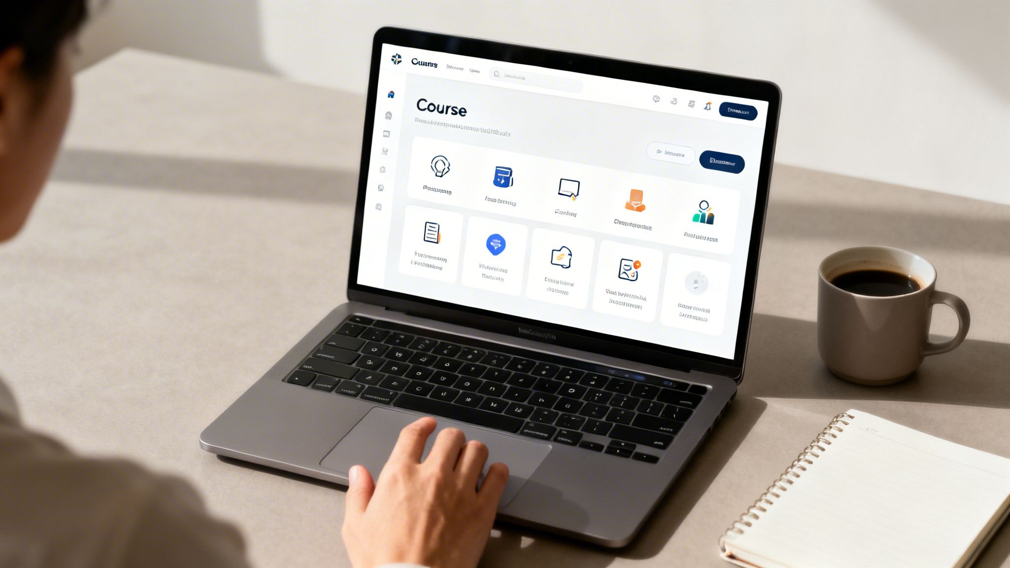 Osoba korzystająca z laptopa z otwartą platformą e-learningową, obok filiżanka kawy i notatnik.