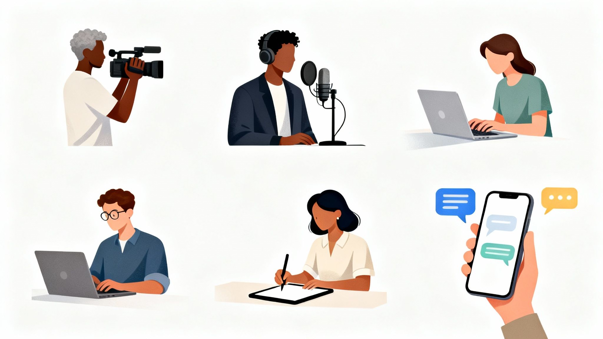 Diverse people engaged in digital creation, including videography, podcasting, laptop work, tablet drawing, and mobile messaging.