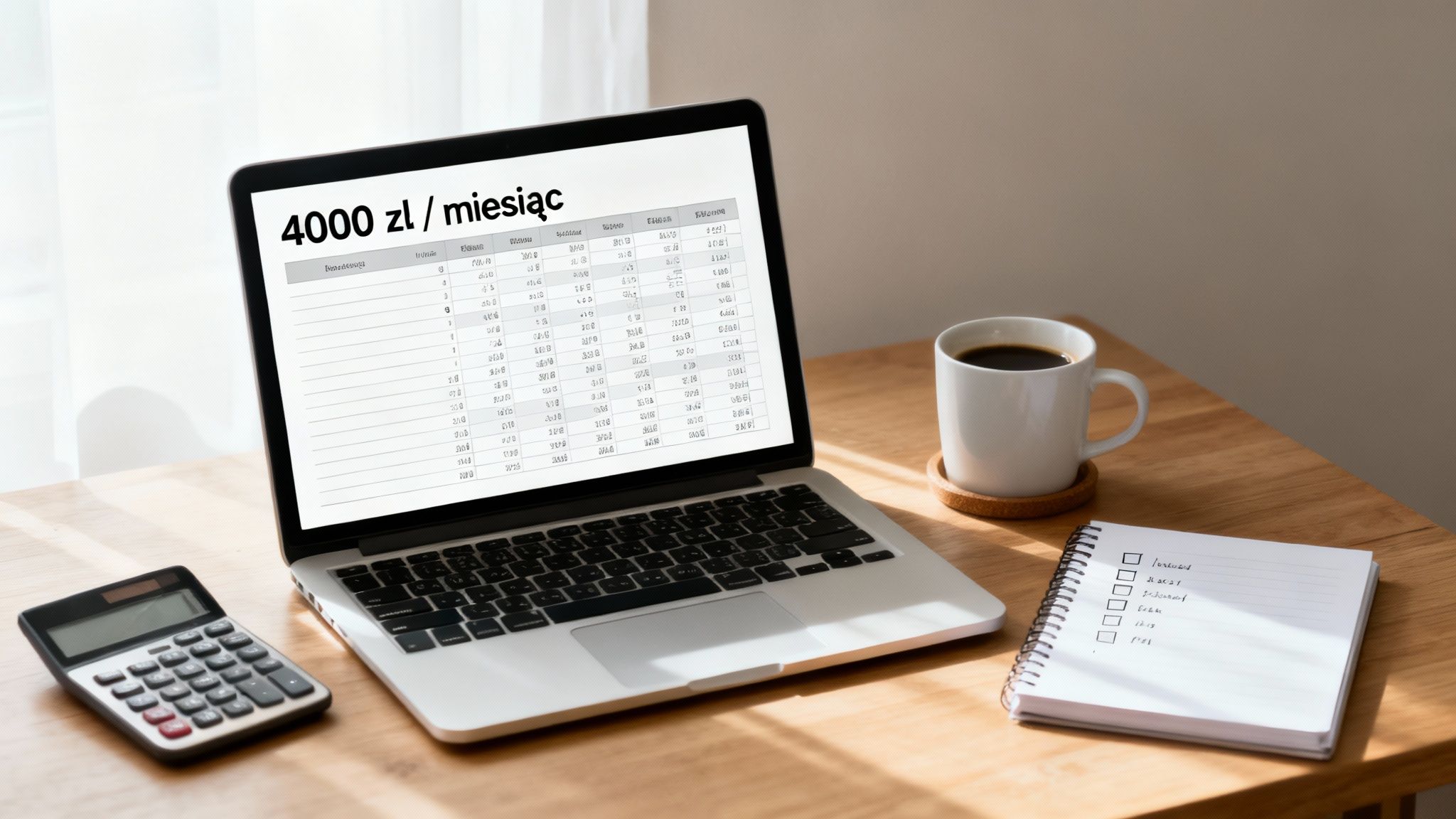 Laptop z arkuszem kalkulacyjnym pokazującym zarobki 4000 zł miesięcznie, kalkulator i notes na biurku