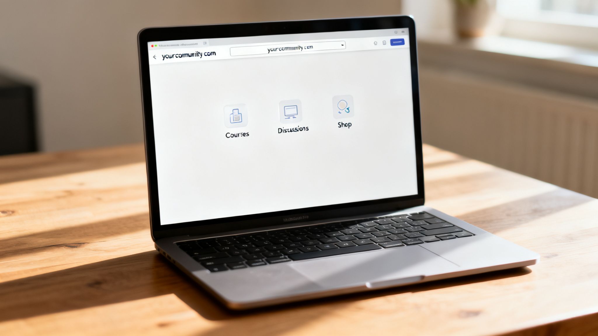 A laptop displaying a community website with options for courses, discussions, and a shop, on a wooden table.