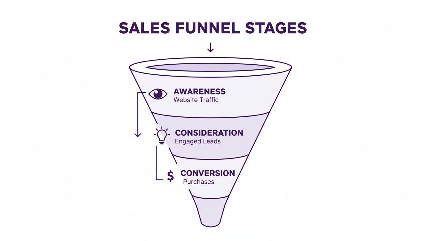 A diagram illustrating the three stages of a sales funnel: Awareness, Consideration, and Conversion with metrics.