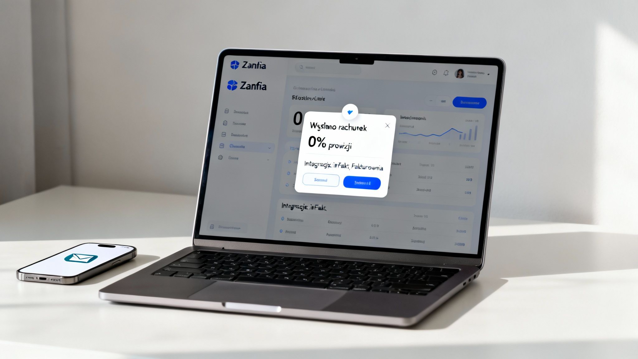 Na białym biurku laptop wyświetla aplikację Zanfia z powiadomieniem o wysłanym rachunku, obok smartfon z ikoną koperty.