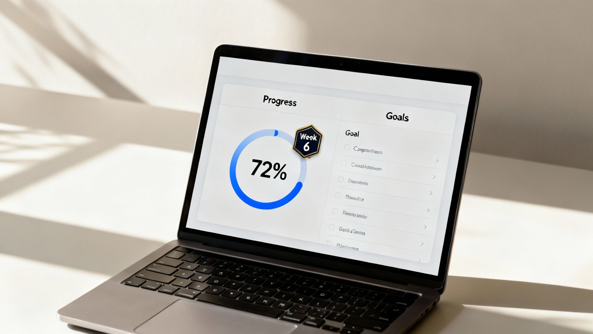 A laptop screen displays a progress tracker showing 72% completion for Week 6, next to a list of goals.