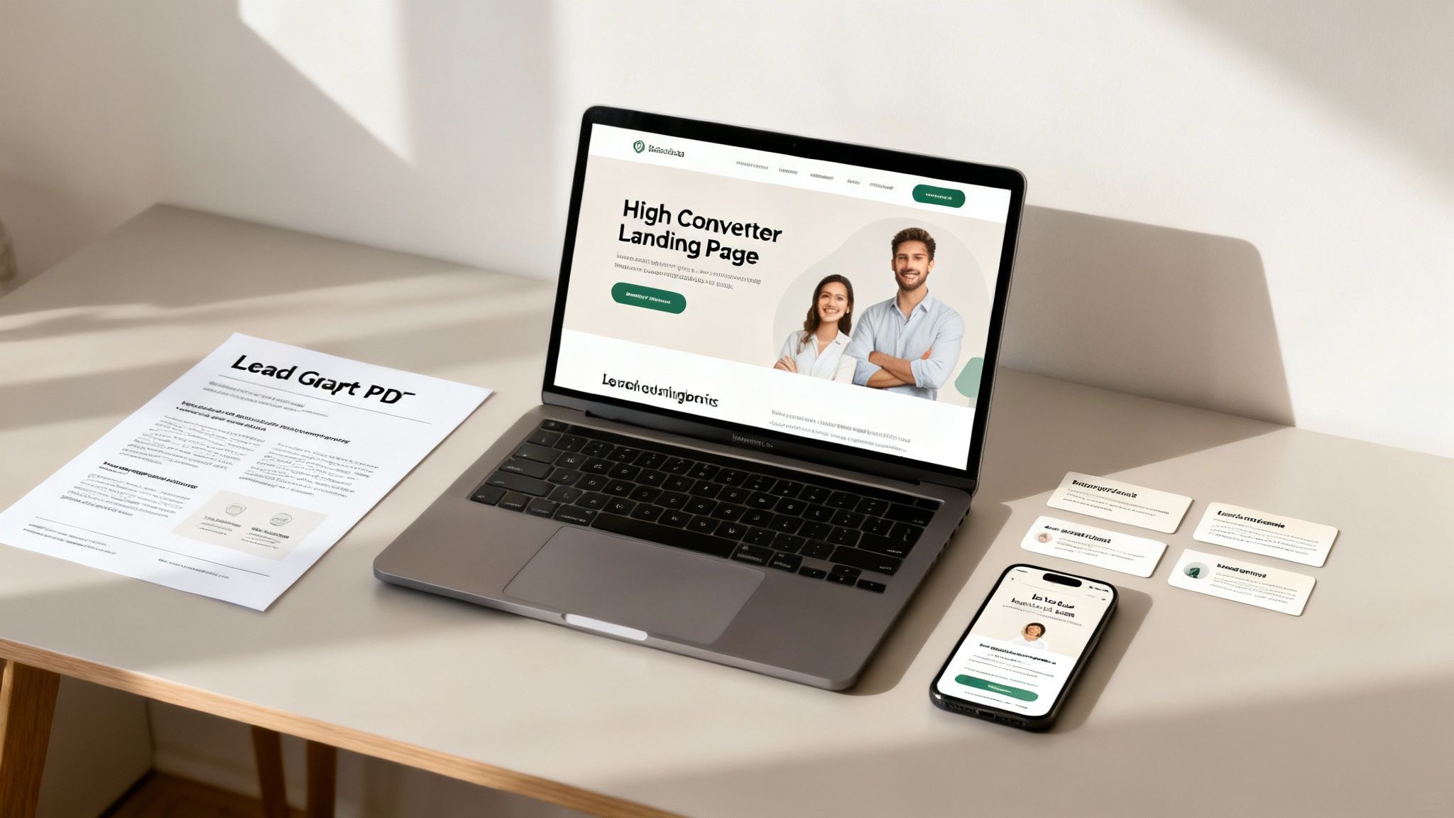 A clean desk workspace with a laptop displaying a 'High Converter Landing Page', a document, a smartphone, and business cards.