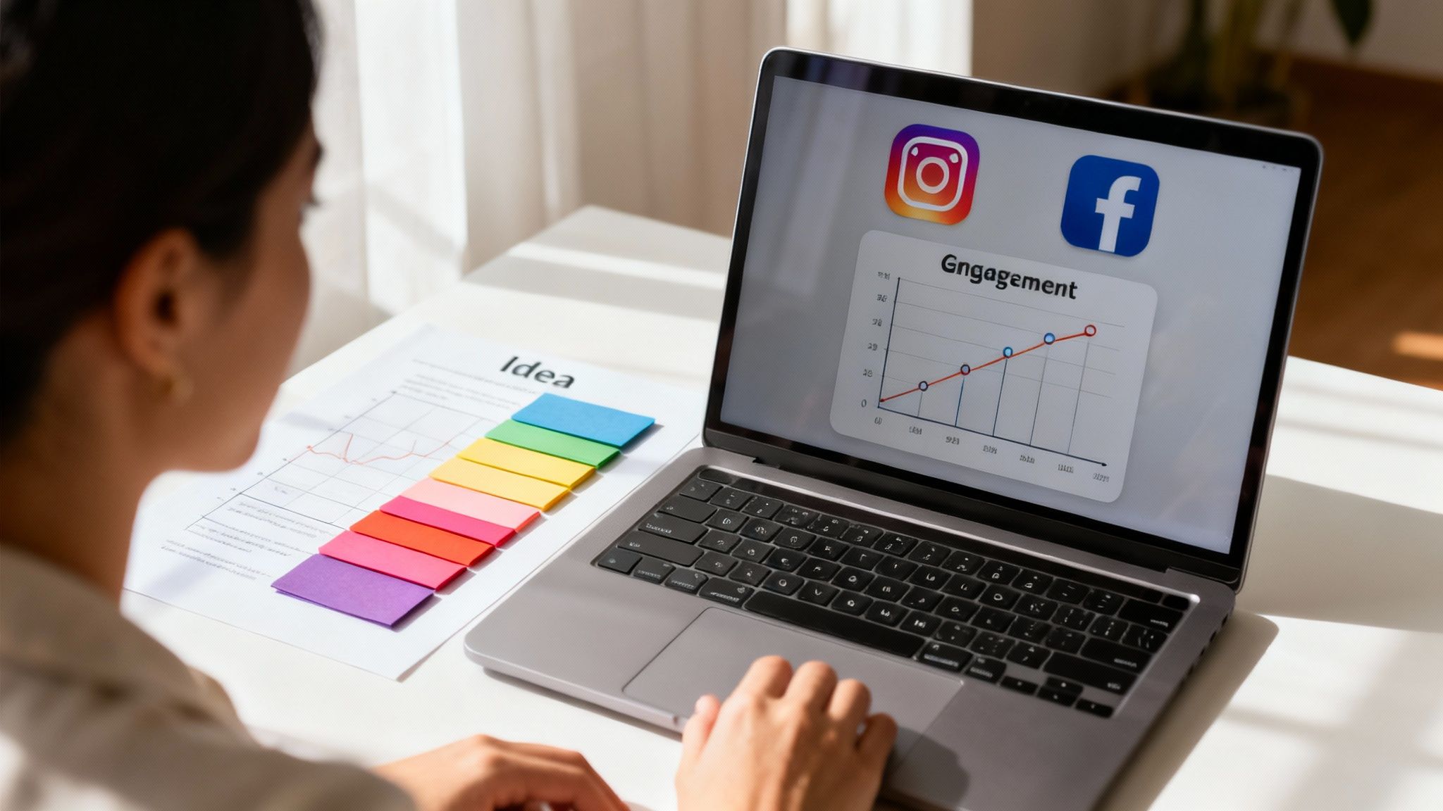 Kobieta analizująca dane zaangażowania w mediach społecznościowych na laptopie z kolorowymi karteczkami.