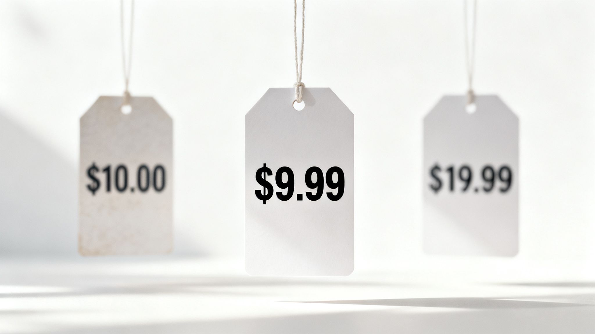 Three white price tags hang, displaying prices $10.00, $9.99, and $19.99, illustrating pricing strategies.
