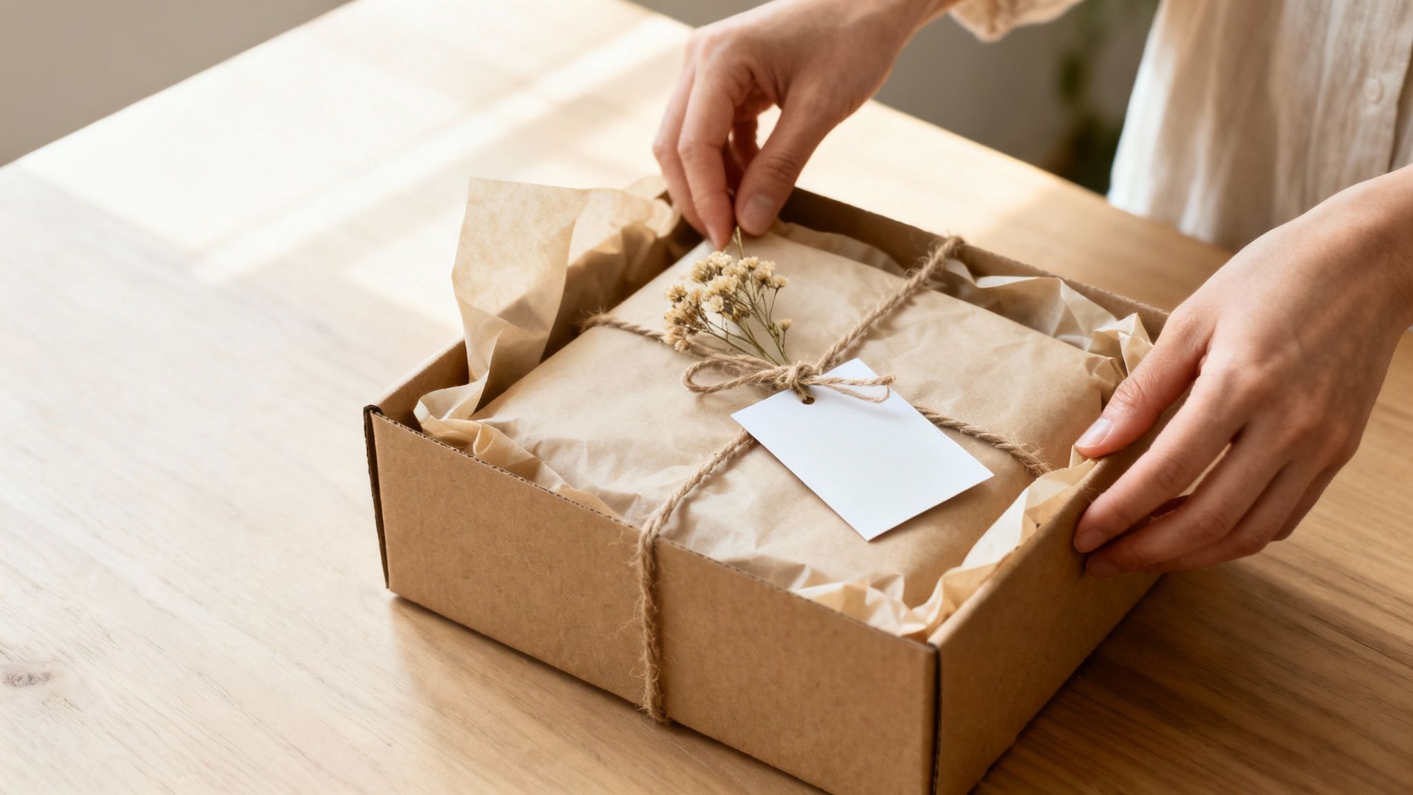 Kobiece ręce układające starannie zapakowany, ekologiczny prezent w kartonowym pudełku na drewnianym stole.
