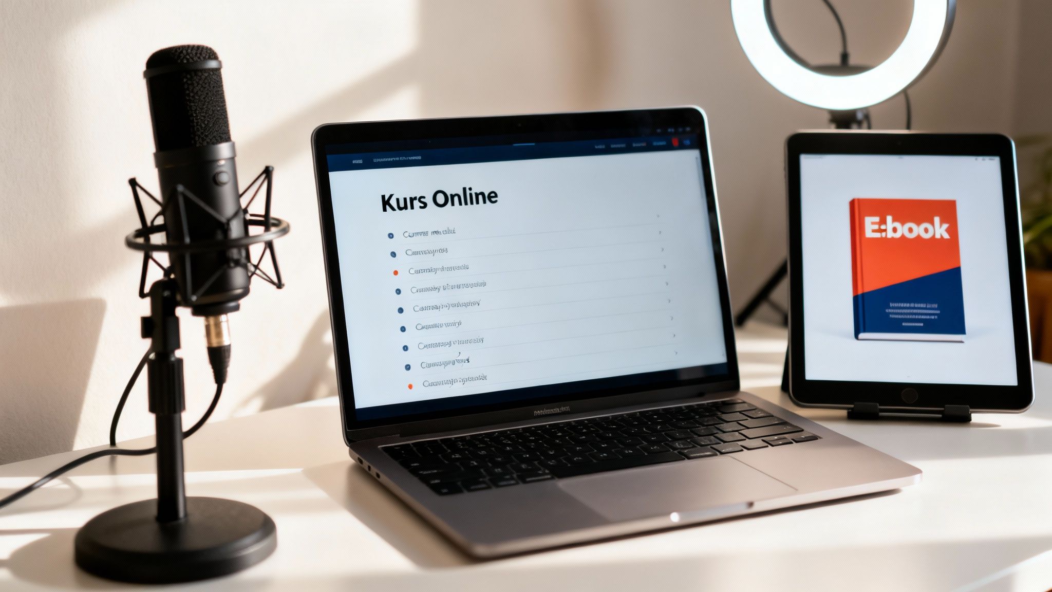 Biurko z laptopem wyświetlającym kurs online, mikrofonem, tabletem z e-bookiem i lampą pierścieniową.