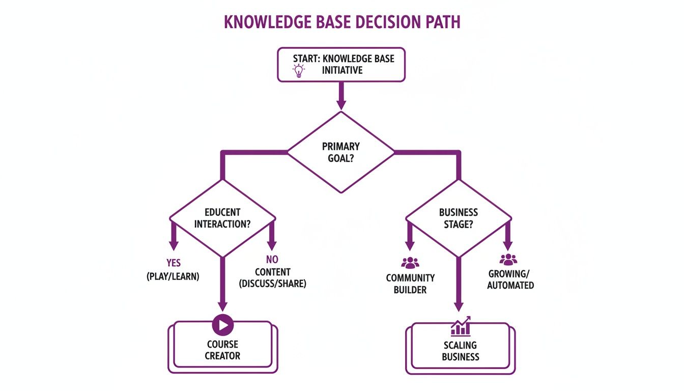Flowchart outlining a knowledge base decision path based on primary goal and business stage.