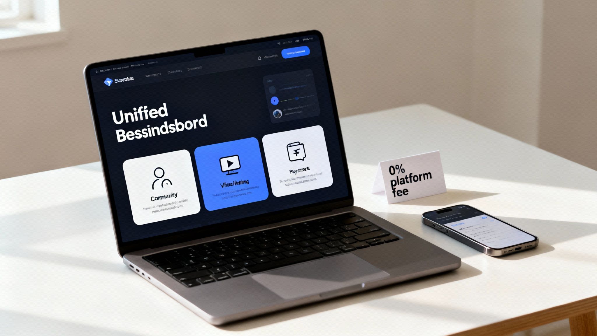 A laptop displaying a membership platform dashboard with options for community, video hosting, and payments, alongside a smartphone and a '0% platform fee' sign.
