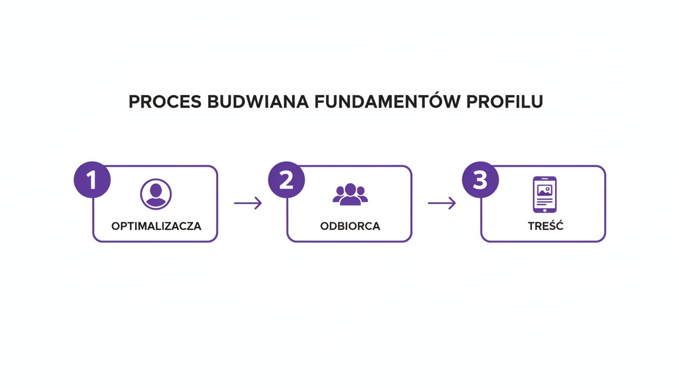 Diagram przedstawiający trójetapowy proces budowania fundamentów profilu: optymalizacja, odbiorca i treść.