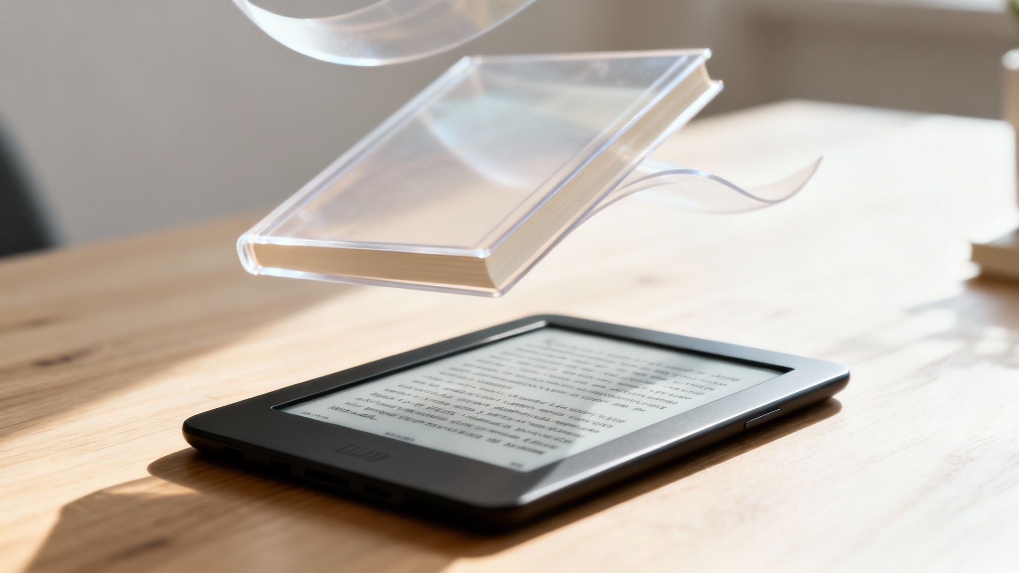 E-czytnik na drewnianym biurku z lewitującą przezroczystą książką symbolizuje cyfrową ewolucję czytania.