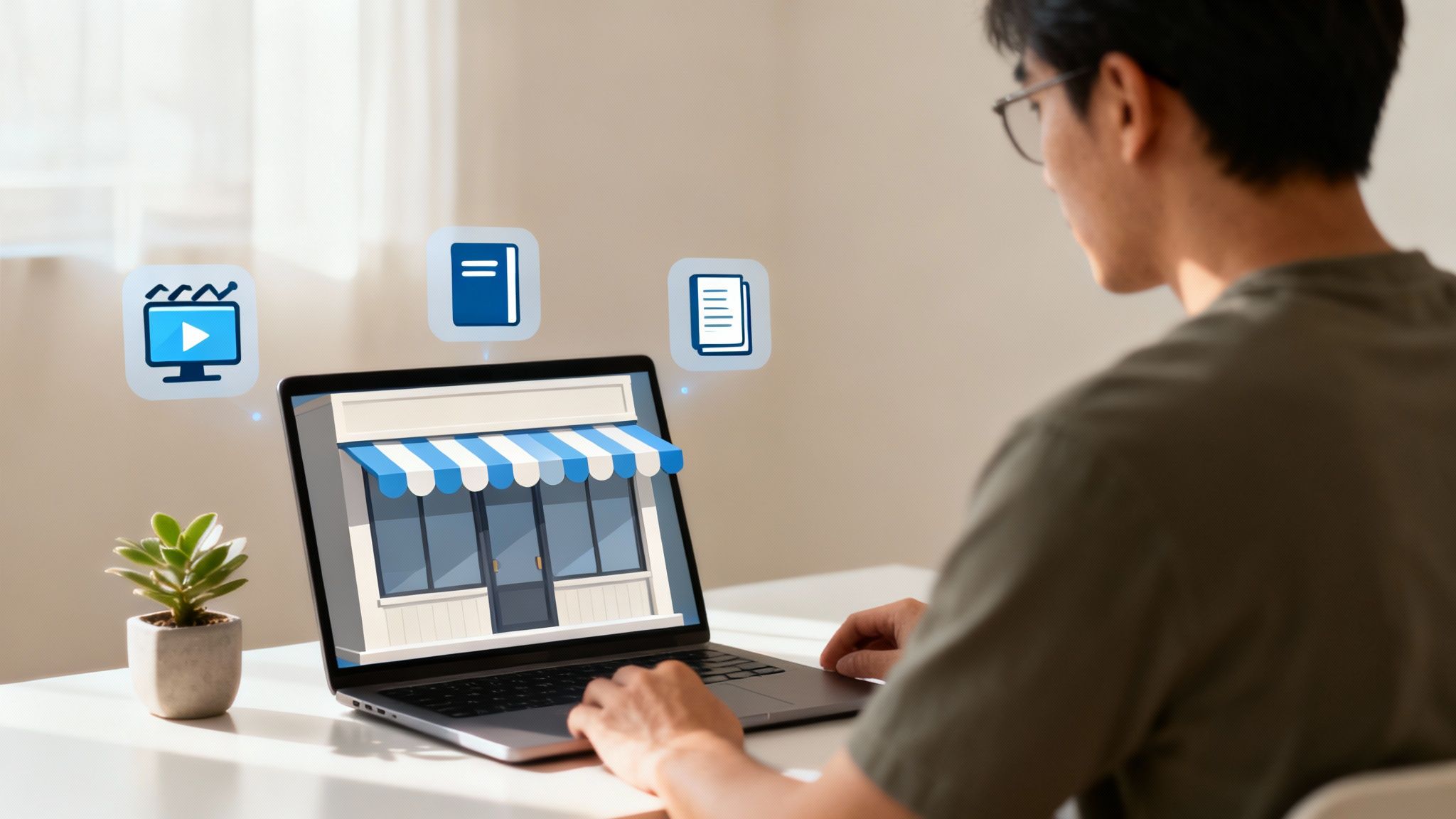 Person using laptop computer viewing online storefront with digital content icons representing monetization strategies