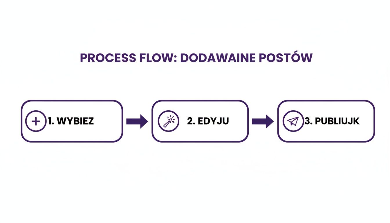 Diagram przepływu procesu dodawania postów, od wyboru przez edycję do publikacji z ikonami plusa, różdżki i samolotu.