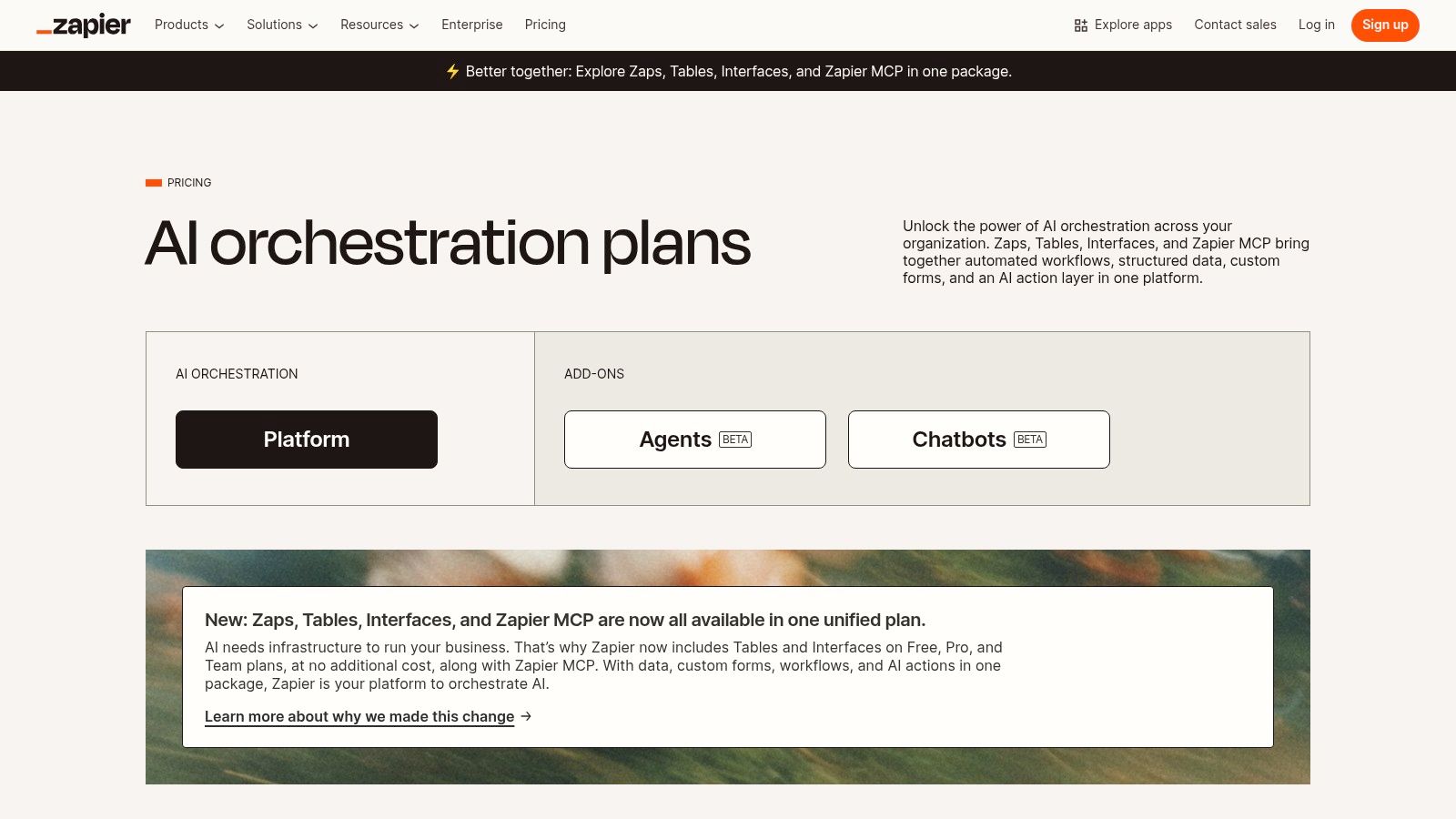 An overview of Zapier's AI-powered automation plans, showcasing different feature tiers for small business automation tools.