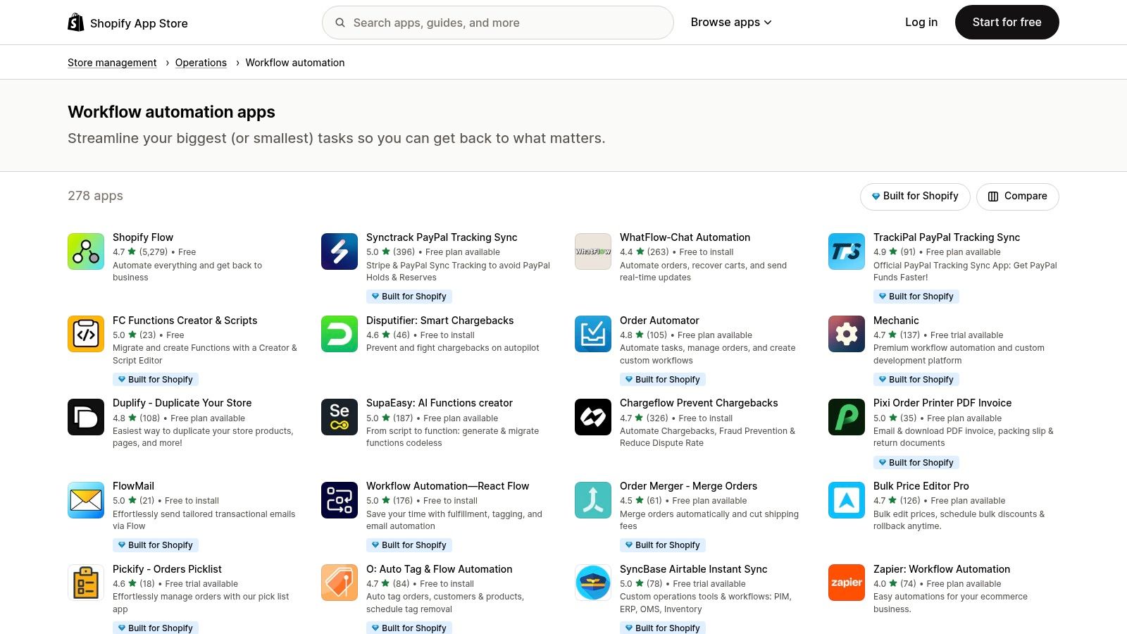 A view of the Shopify App Store, specifically showing the Workflow Automation category and various apps available for store management.