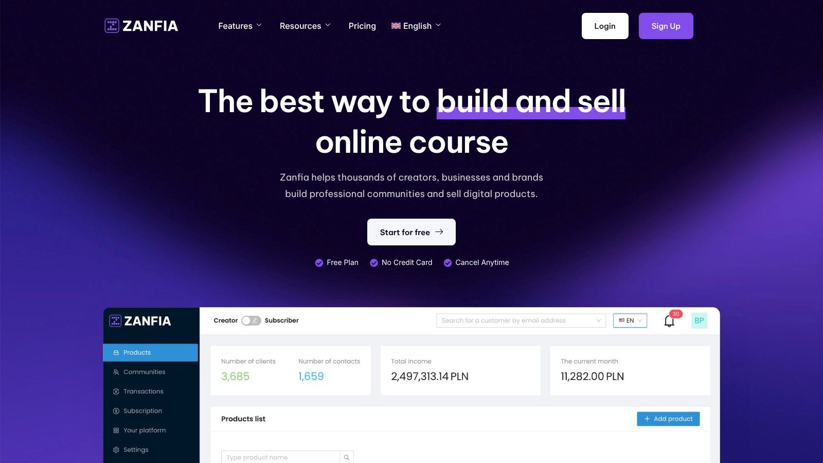 Zanfia's all-in-one dashboard for creators