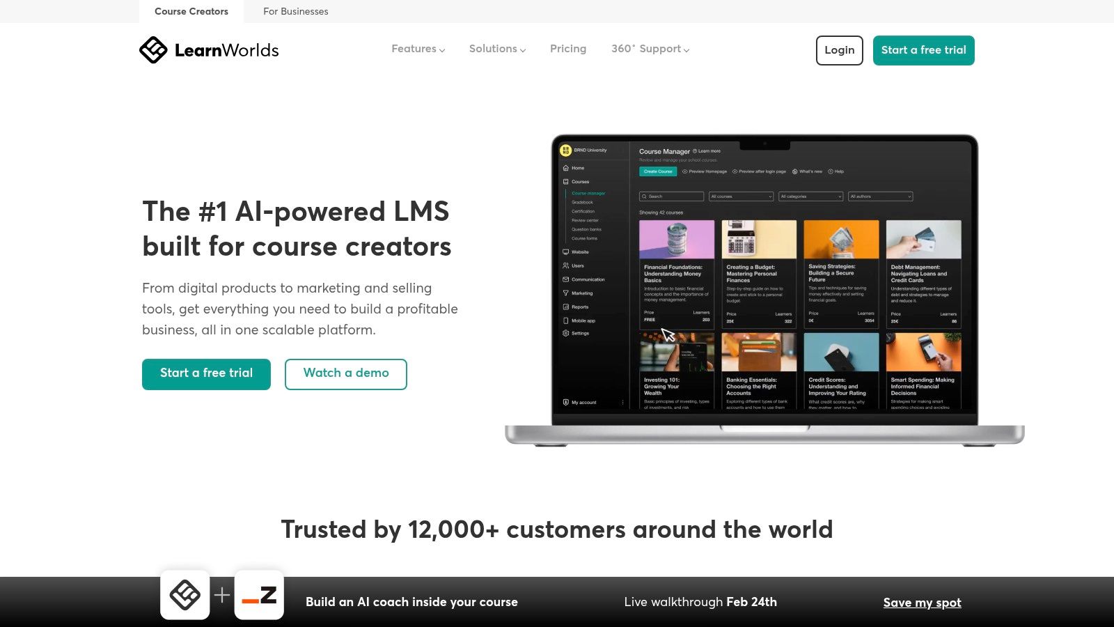 LearnWorlds dashboard showing course creation and management options.