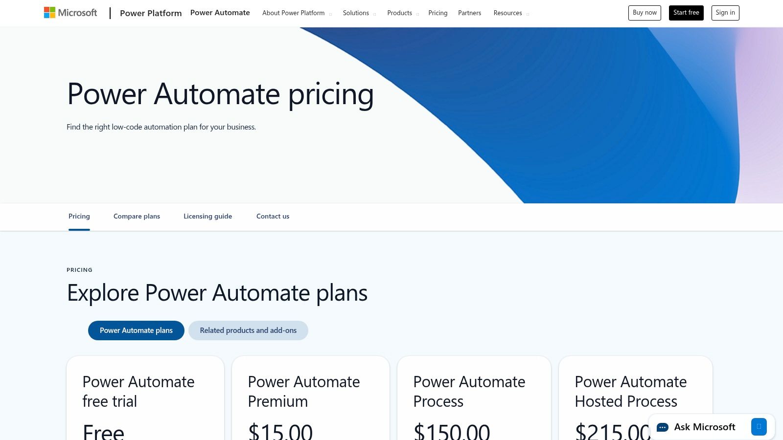 A pricing table for Microsoft Power Automate, showing different per-user and per-flow plans for small business automation tools.