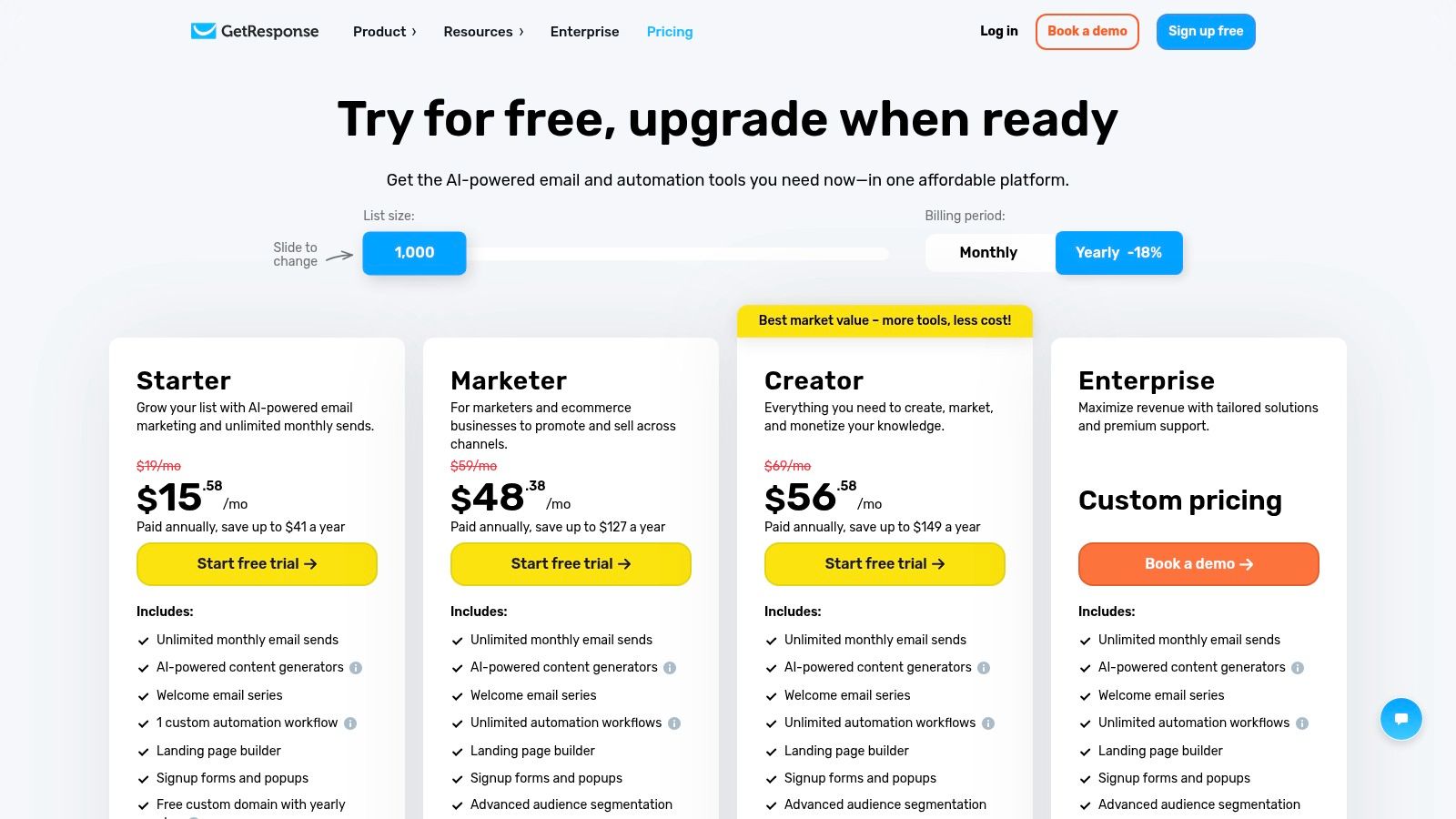 GetResponse pricing plans showing different tiers and features