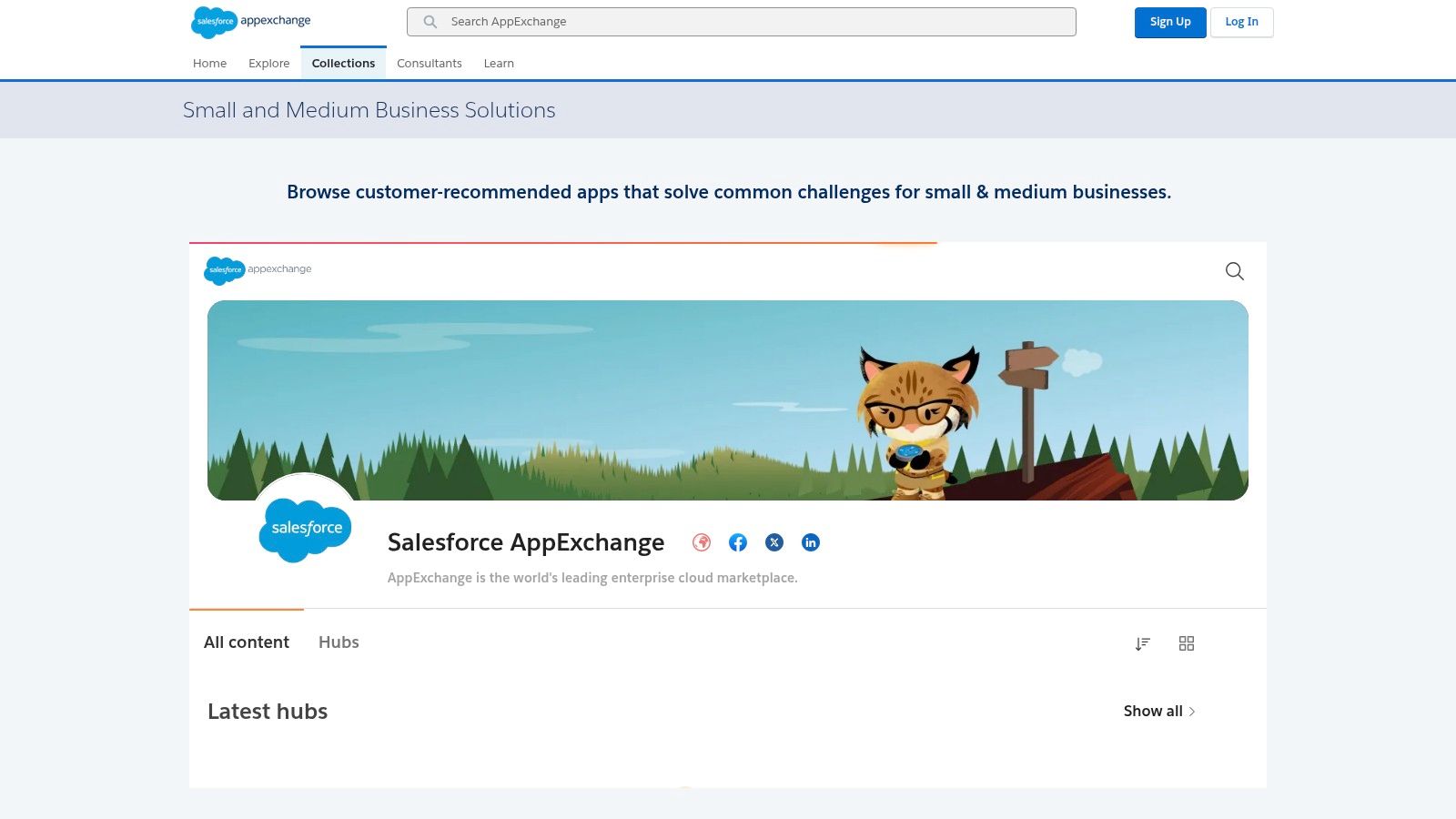 The Salesforce AppExchange marketplace homepage showcasing a curated collection of small and medium business solutions.