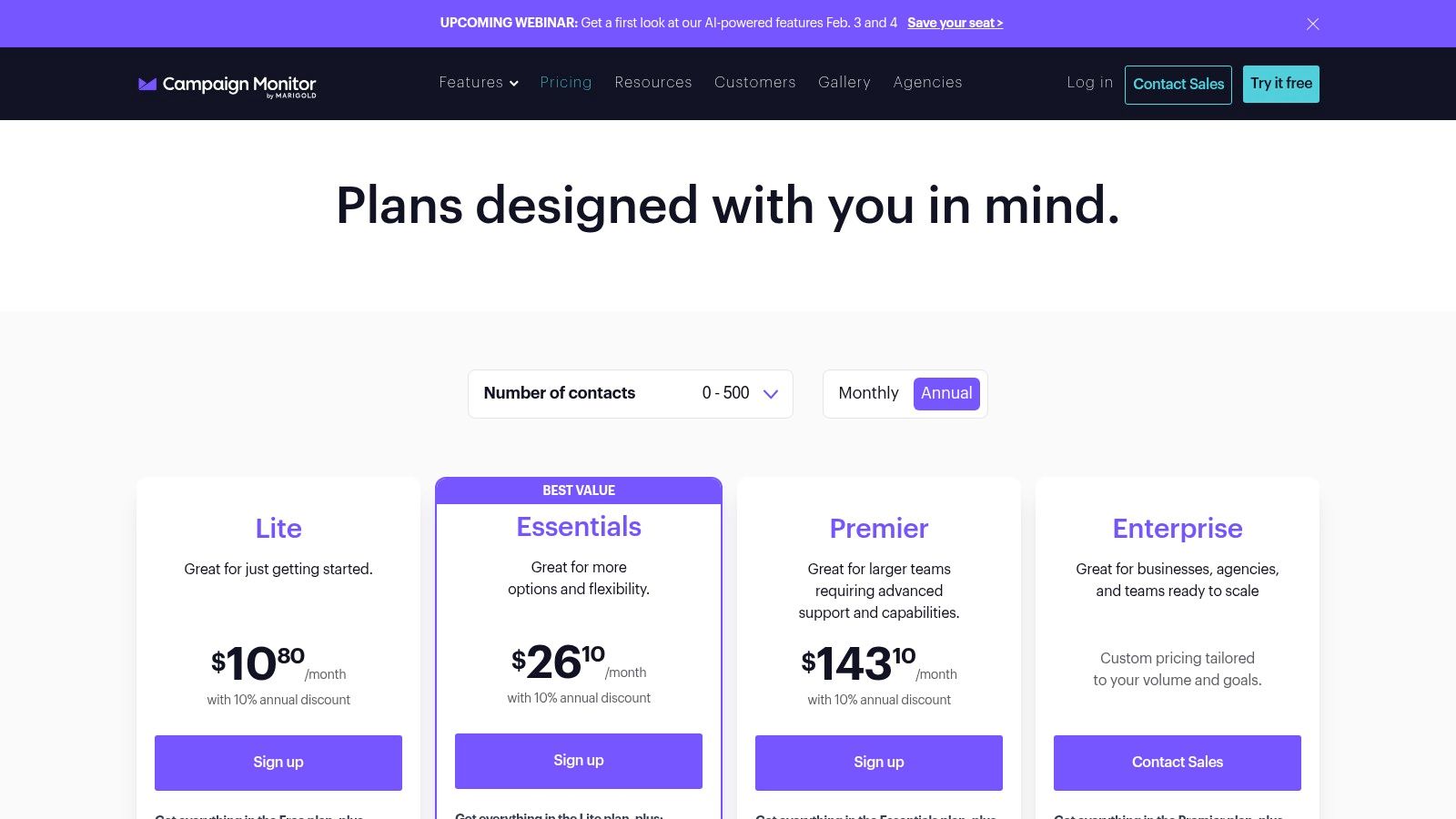 Campaign Monitor pricing plans showing different tiers and features
