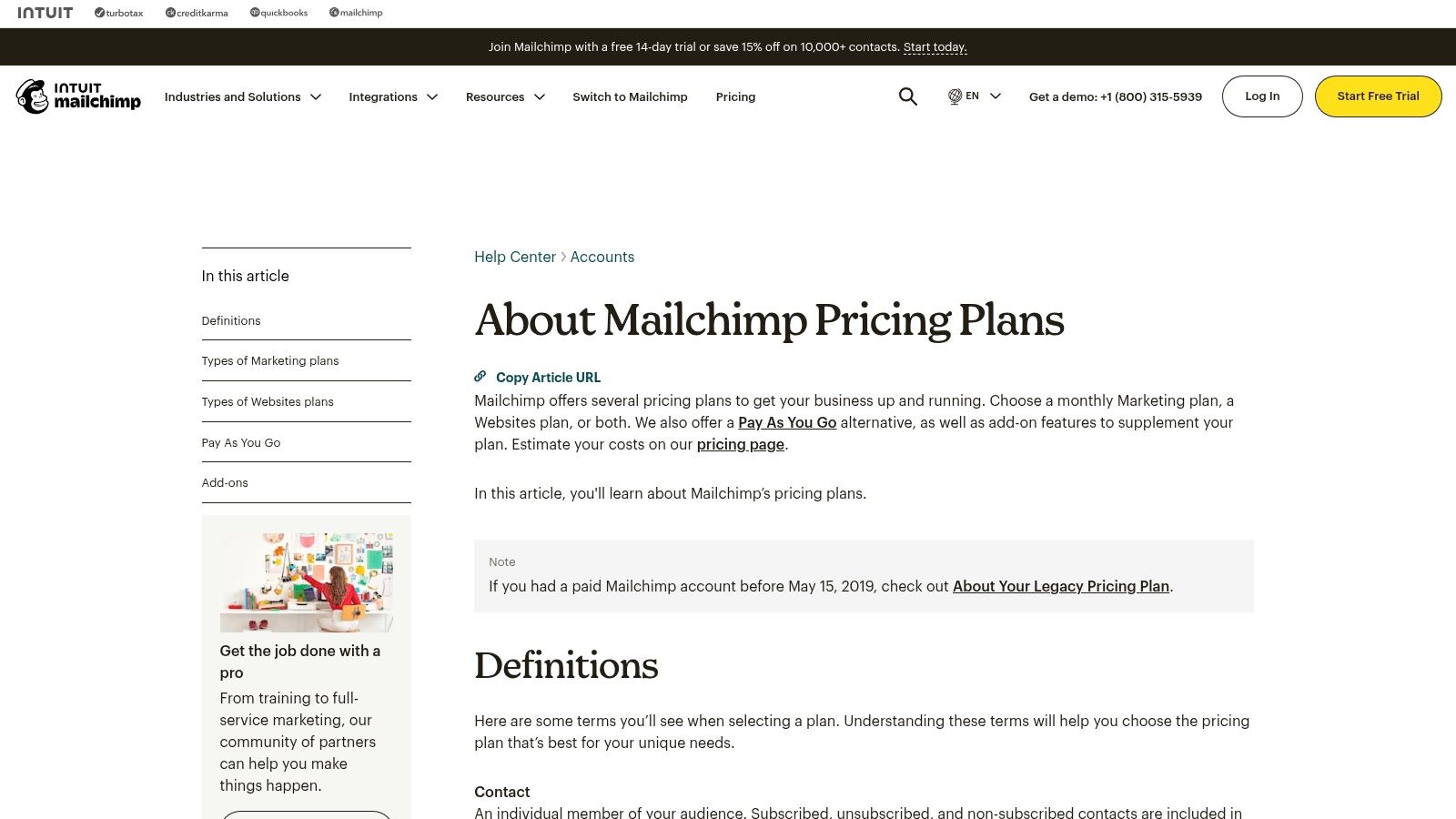 Mailchimp pricing plans showing different tiers and features